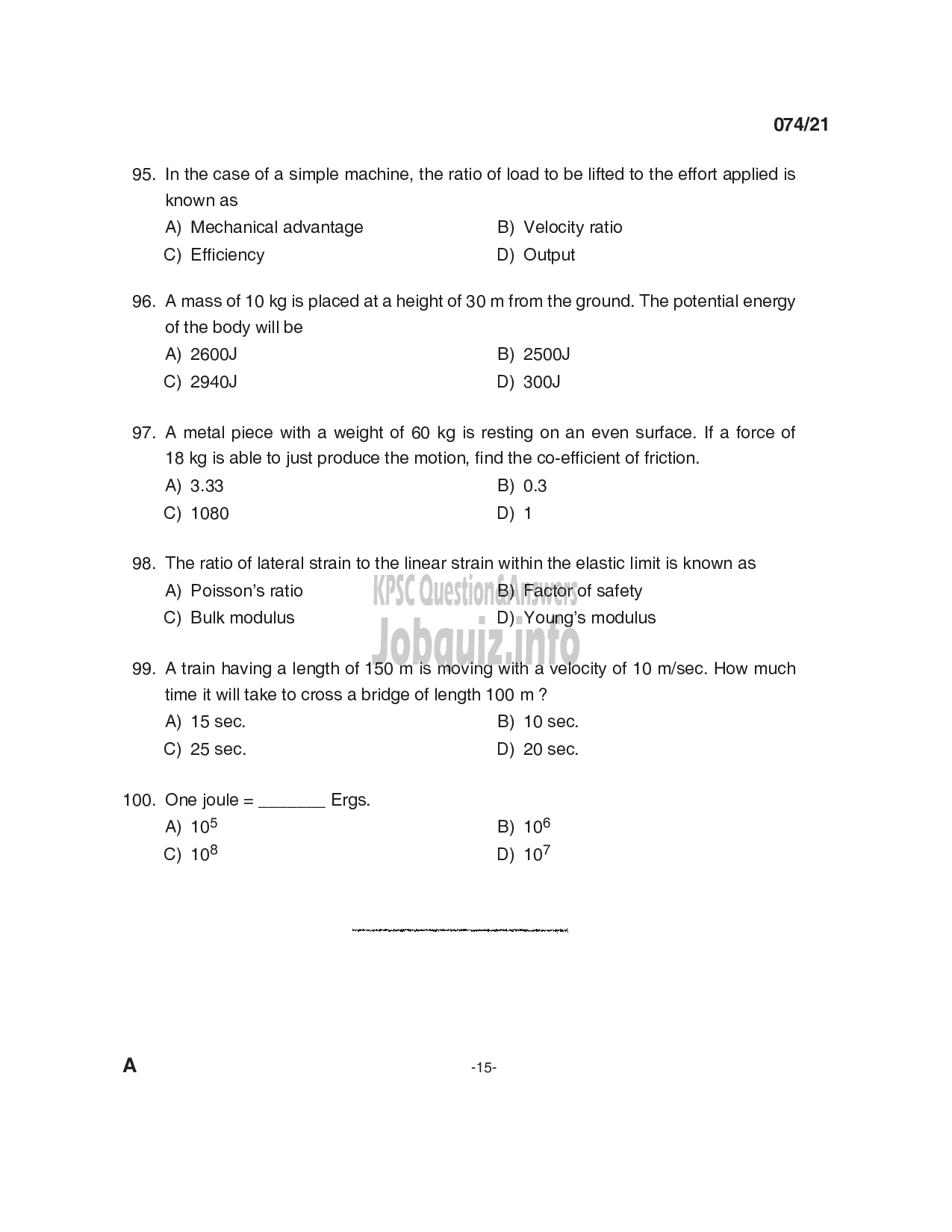 Kerala PSC Question Paper - Engineering Assistant Gr III Department: Kerala State Construction Corporation Ltd  -15