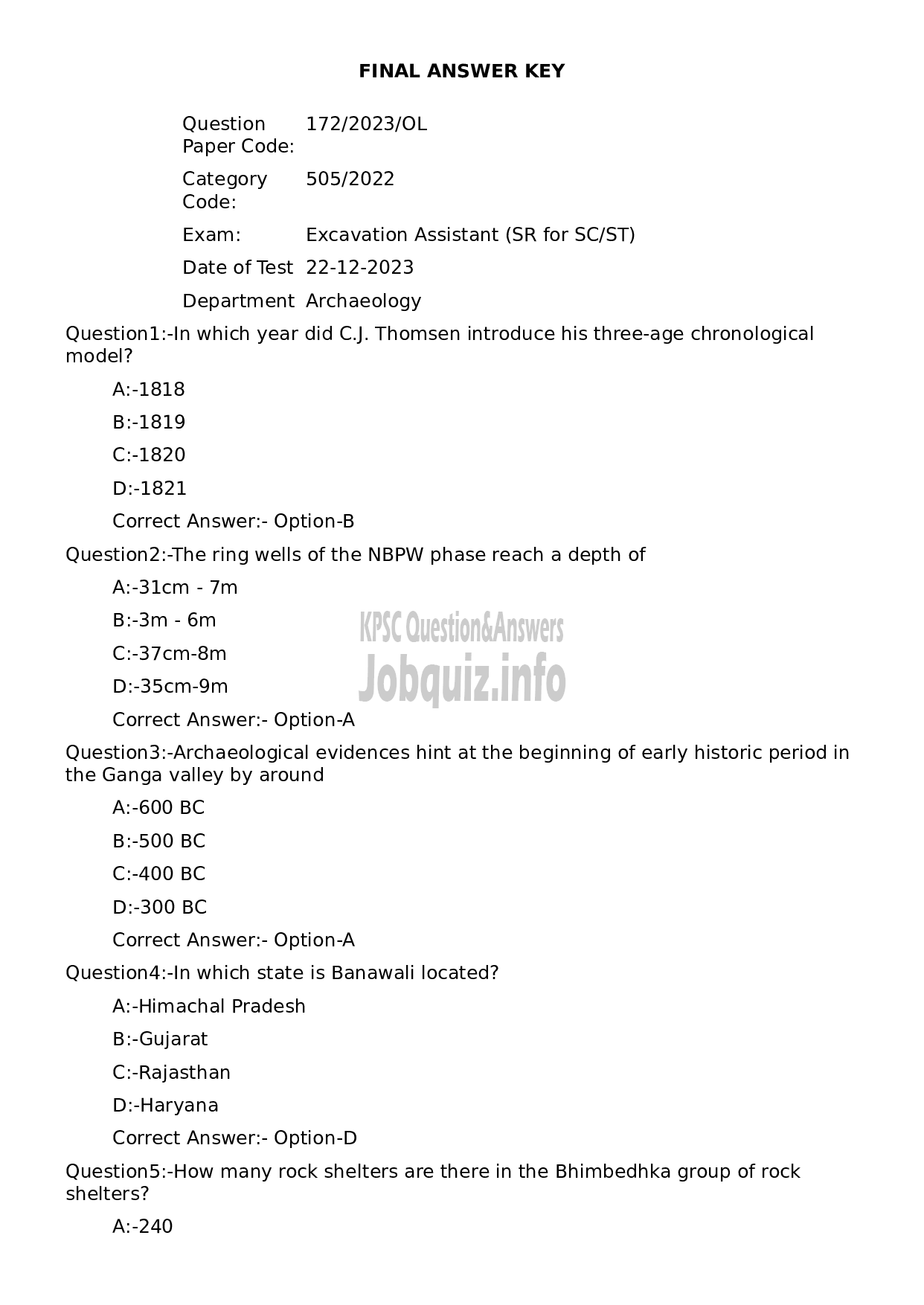 Kerala PSC Question Paper - Excavation Assistant (SR for SC/ST)-1