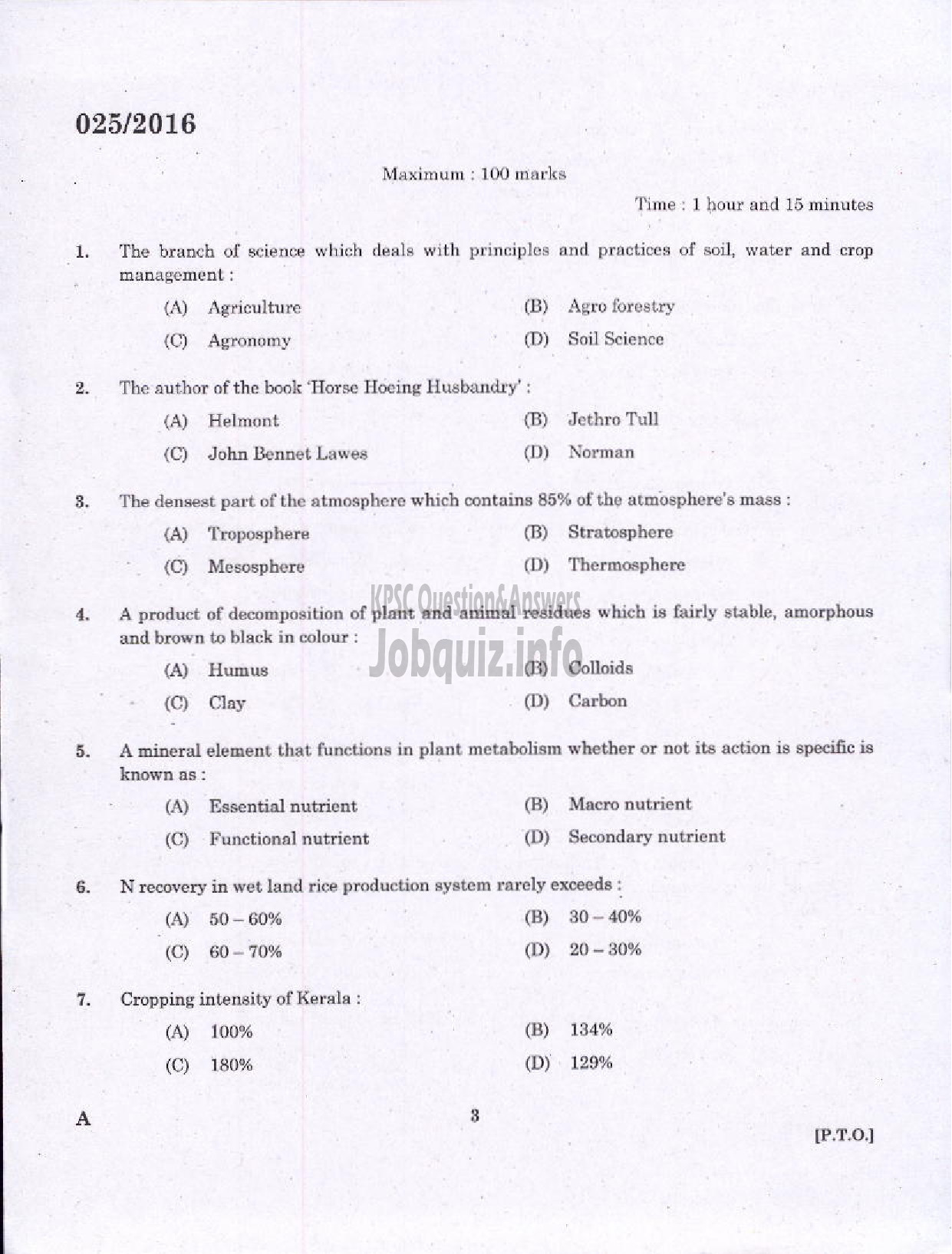 Kerala PSC Question Paper - FIELD ASSISTANT PLANTATION CORPORATION OF KERALA LTD-1