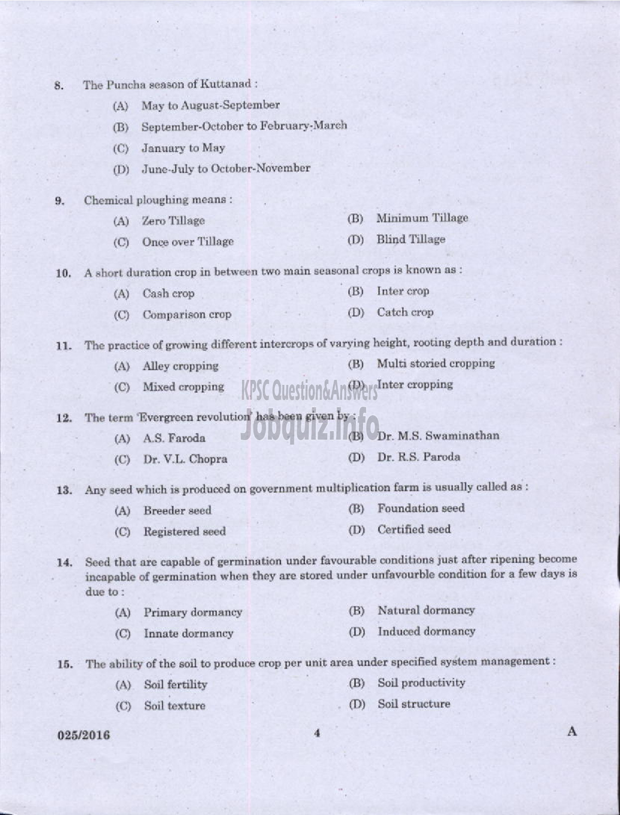 Kerala PSC Question Paper - FIELD ASSISTANT PLANTATION CORPORATION OF KERALA LTD-2