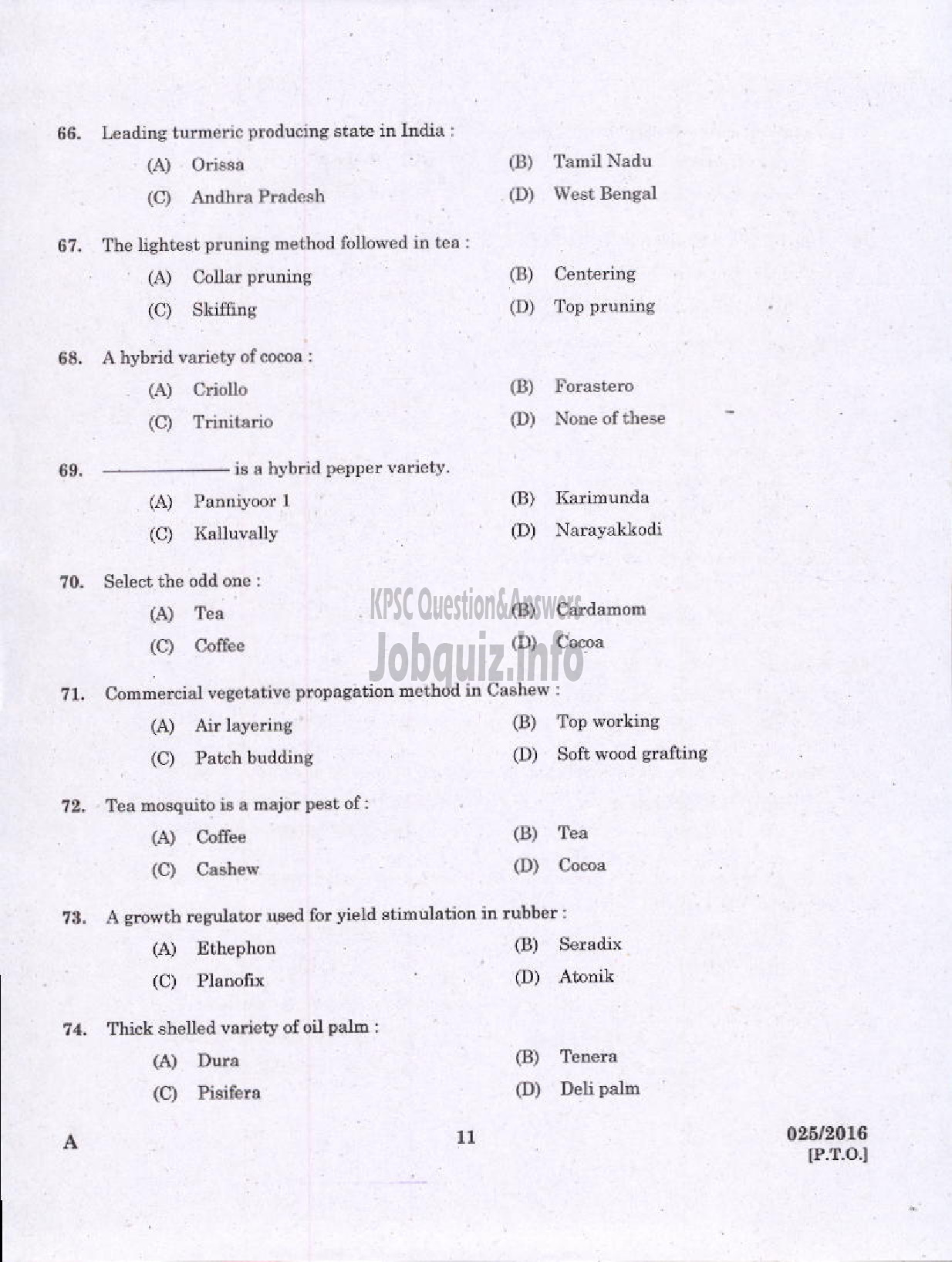 Kerala PSC Question Paper - FIELD ASSISTANT PLANTATION CORPORATION OF KERALA LTD-9