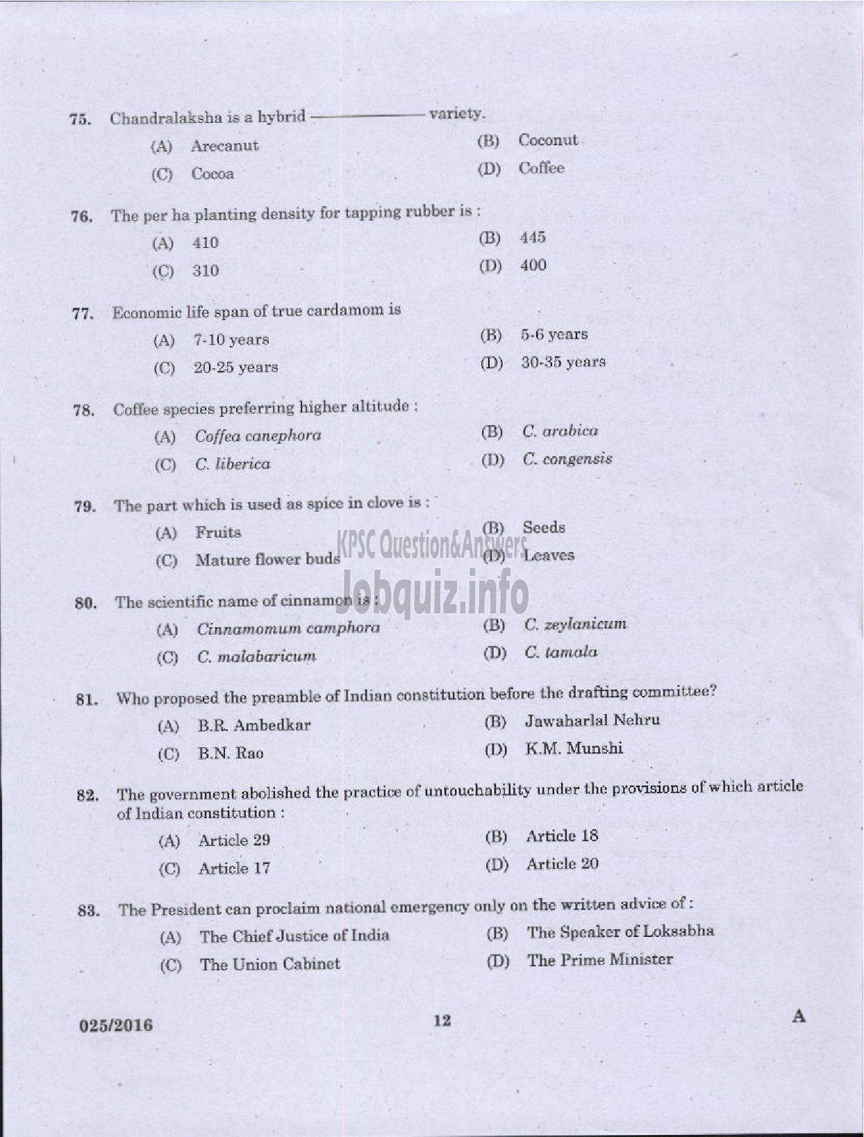 Kerala PSC Question Paper - FIELD ASSISTANT PLANTATION CORPORATION OF KERALA LTD-10