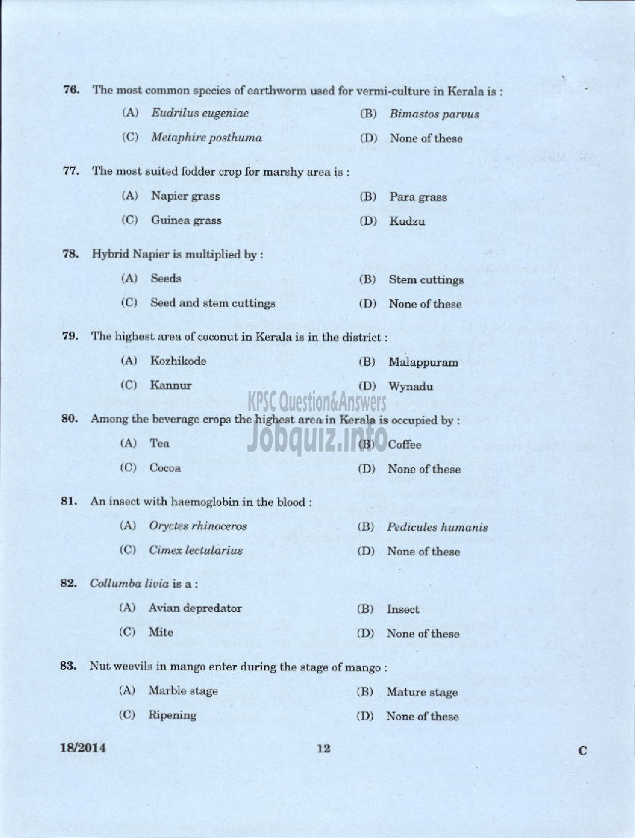 Kerala PSC Question Paper - FIELD OFFICER NCA FOREST DEVELOPMENT CORPORATION-10