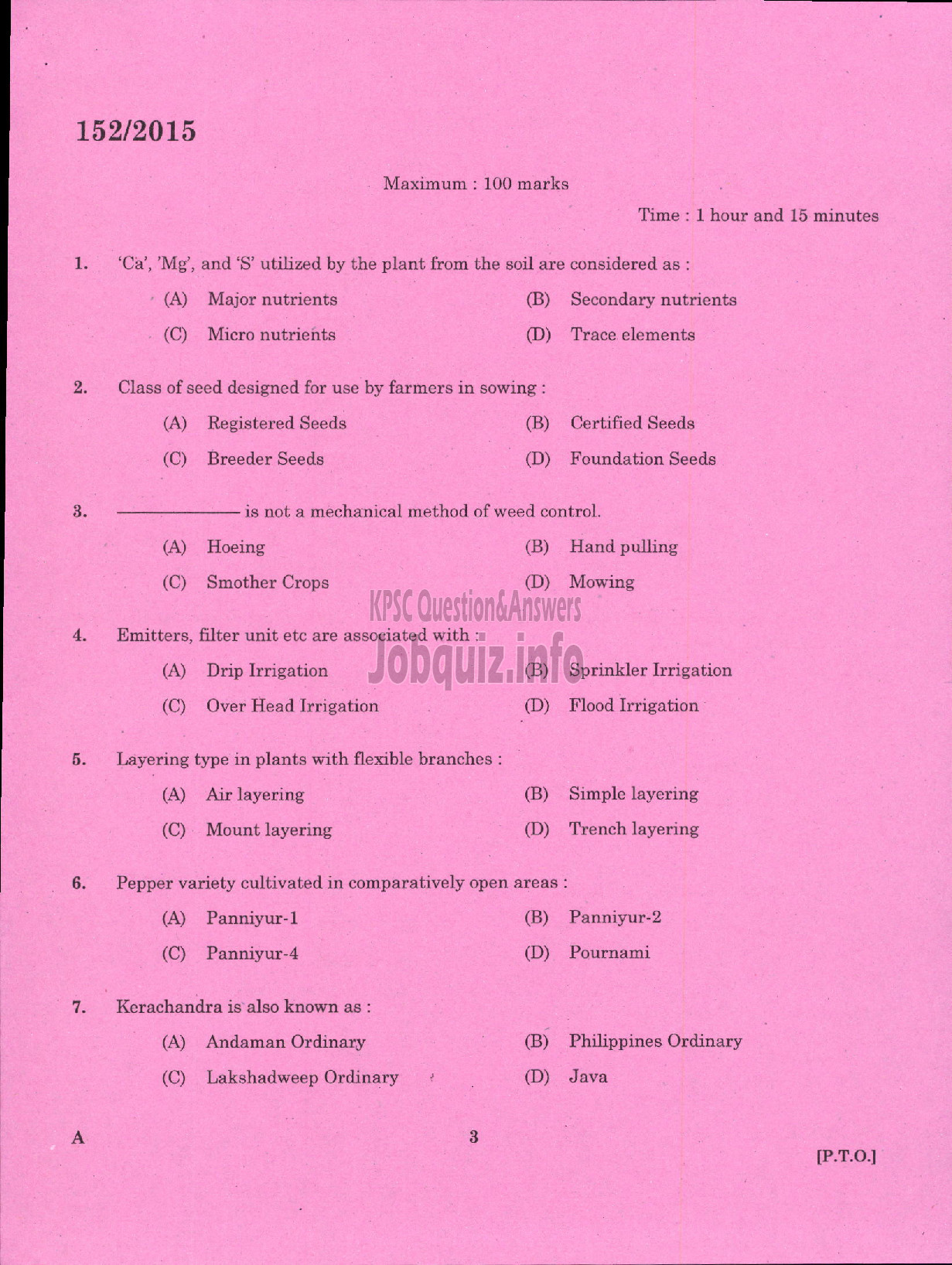 Kerala PSC Question Paper - FIELD SUPERVISOR GR II S F C OF KERALA LTD-1