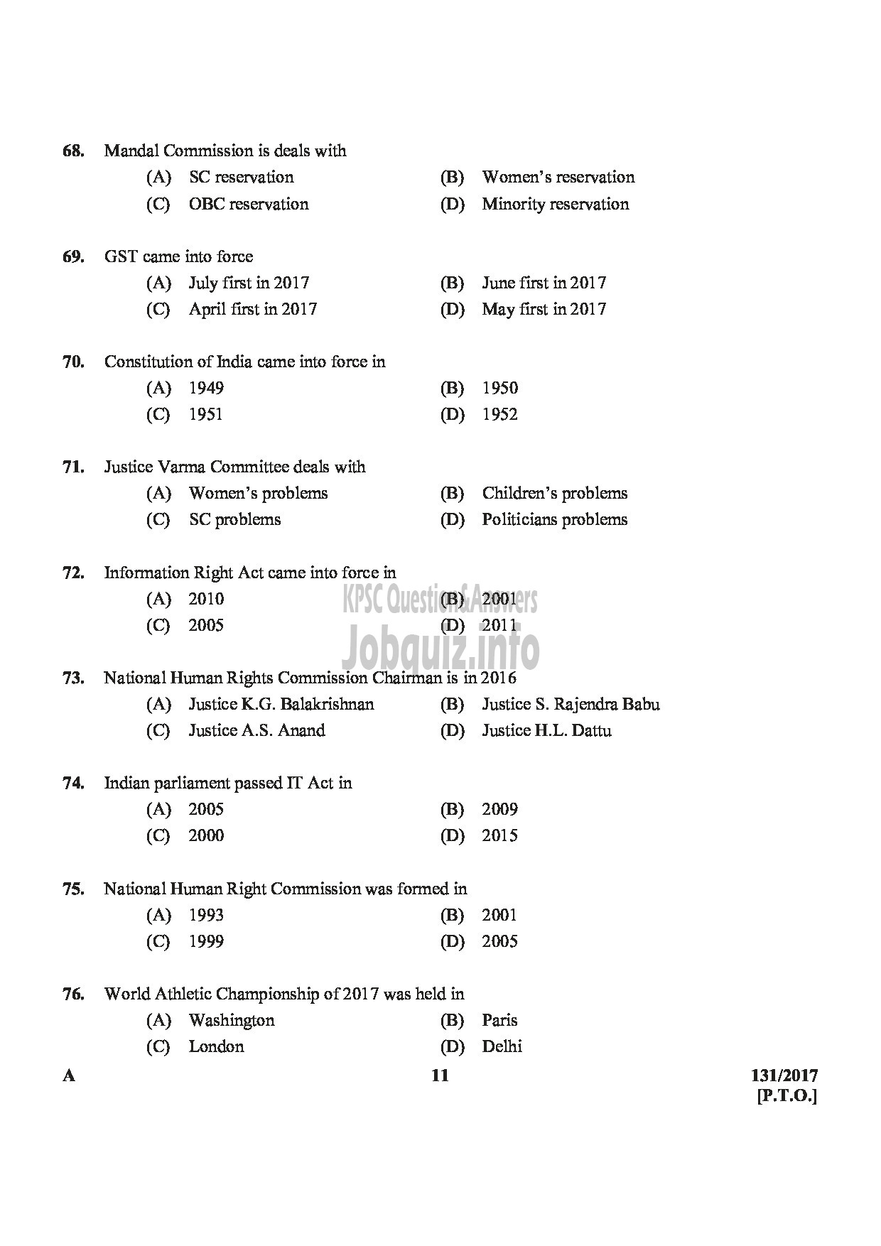 Kerala PSC Question Paper - FIREMAN DRIVER CUM PUMP OPERATOR TRAINEE SR FROM AMONG SC/ST ONLY FIRE AND RESCUE SERVICE-11