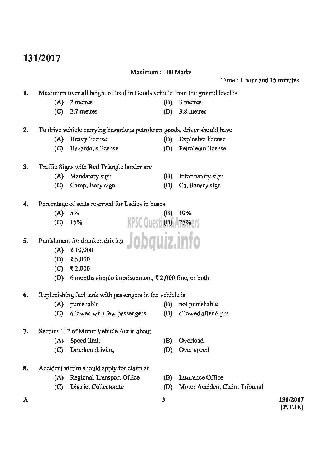 Kerala PSC Question Paper - FIREMAN DRIVER CUM PUMP OPERATOR TRAINEE SR FROM AMONG SC/ST ONLY FIRE AND RESCUE SERVICE-3