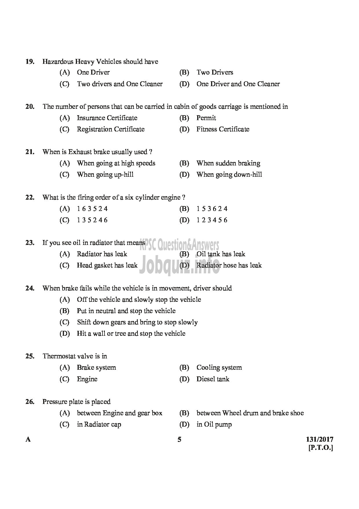 Kerala PSC Question Paper - FIREMAN DRIVER CUM PUMP OPERATOR TRAINEE SR FROM AMONG SC/ST ONLY FIRE AND RESCUE SERVICE-5