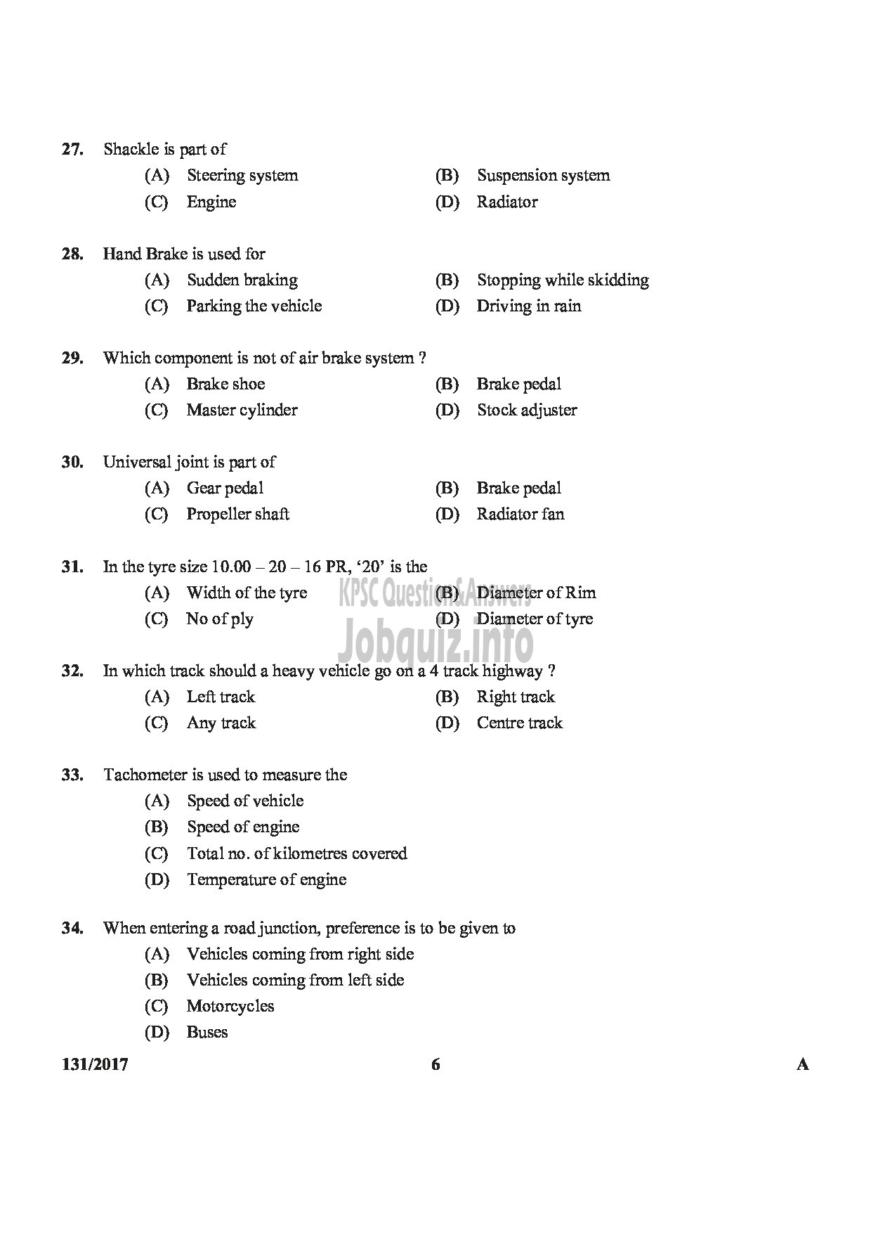 Kerala PSC Question Paper - FIREMAN DRIVER CUM PUMP OPERATOR TRAINEE SR FROM AMONG SC/ST ONLY FIRE AND RESCUE SERVICE-6