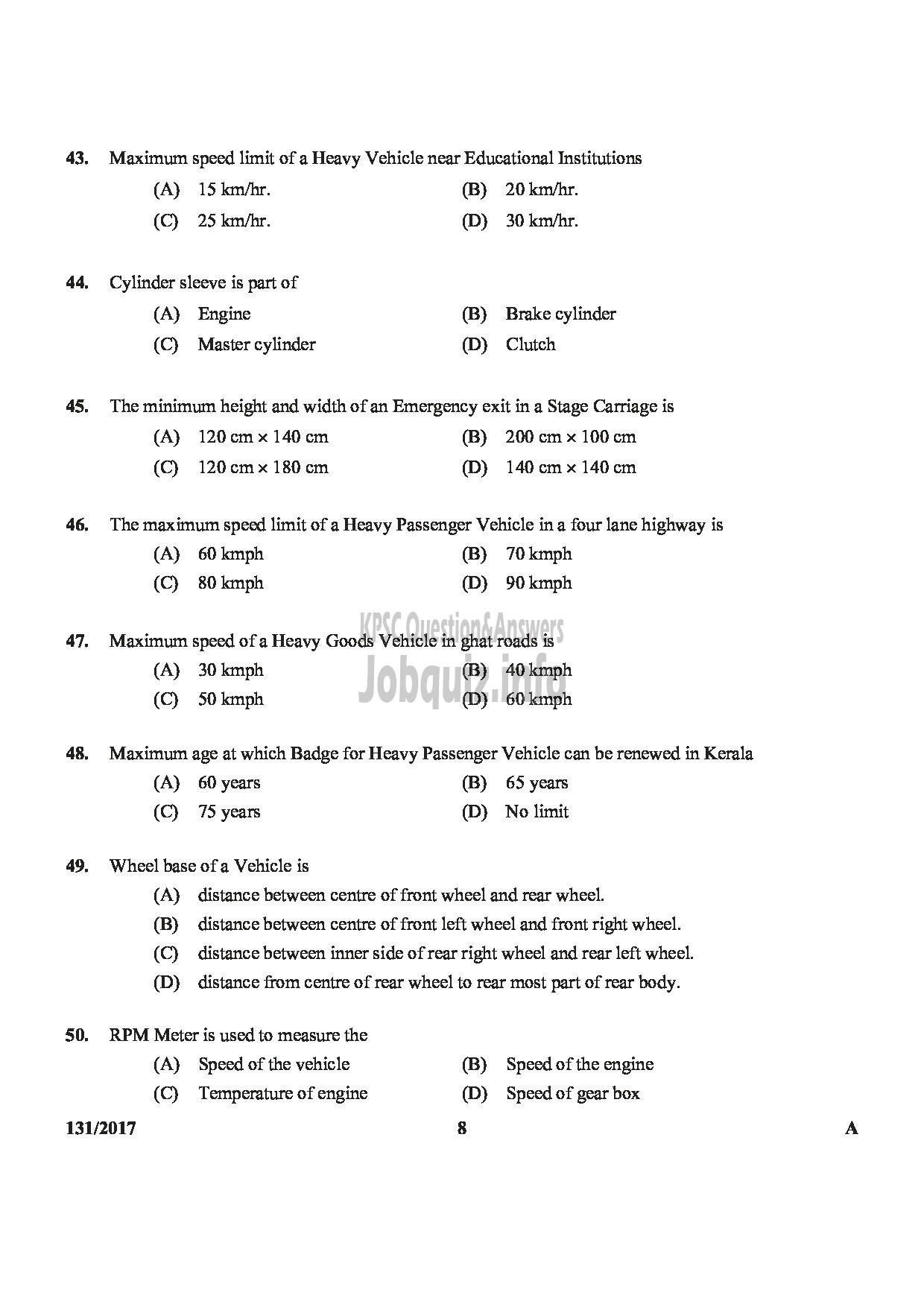 Kerala PSC Question Paper - FIREMAN DRIVER CUM PUMP OPERATOR TRAINEE SR FROM AMONG SC/ST ONLY FIRE AND RESCUE SERVICE-8