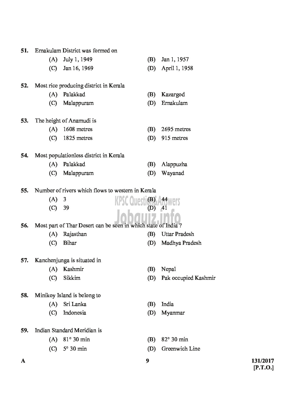 Kerala PSC Question Paper - FIREMAN DRIVER CUM PUMP OPERATOR TRAINEE SR FROM AMONG SC/ST ONLY FIRE AND RESCUE SERVICE-9