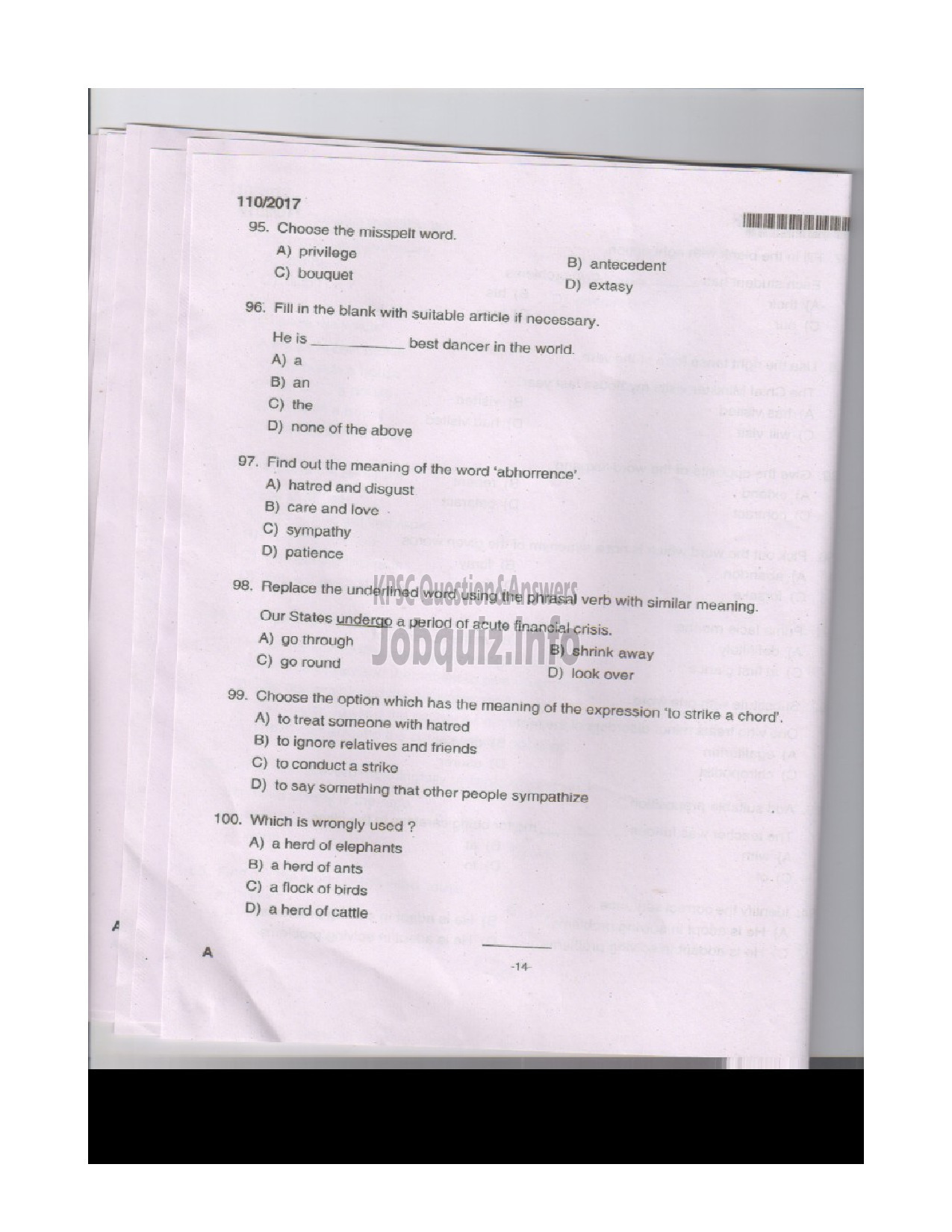 Kerala PSC Question Paper - FIREMAN TRAINEE FIRE AND RESCUE SRVICE-13