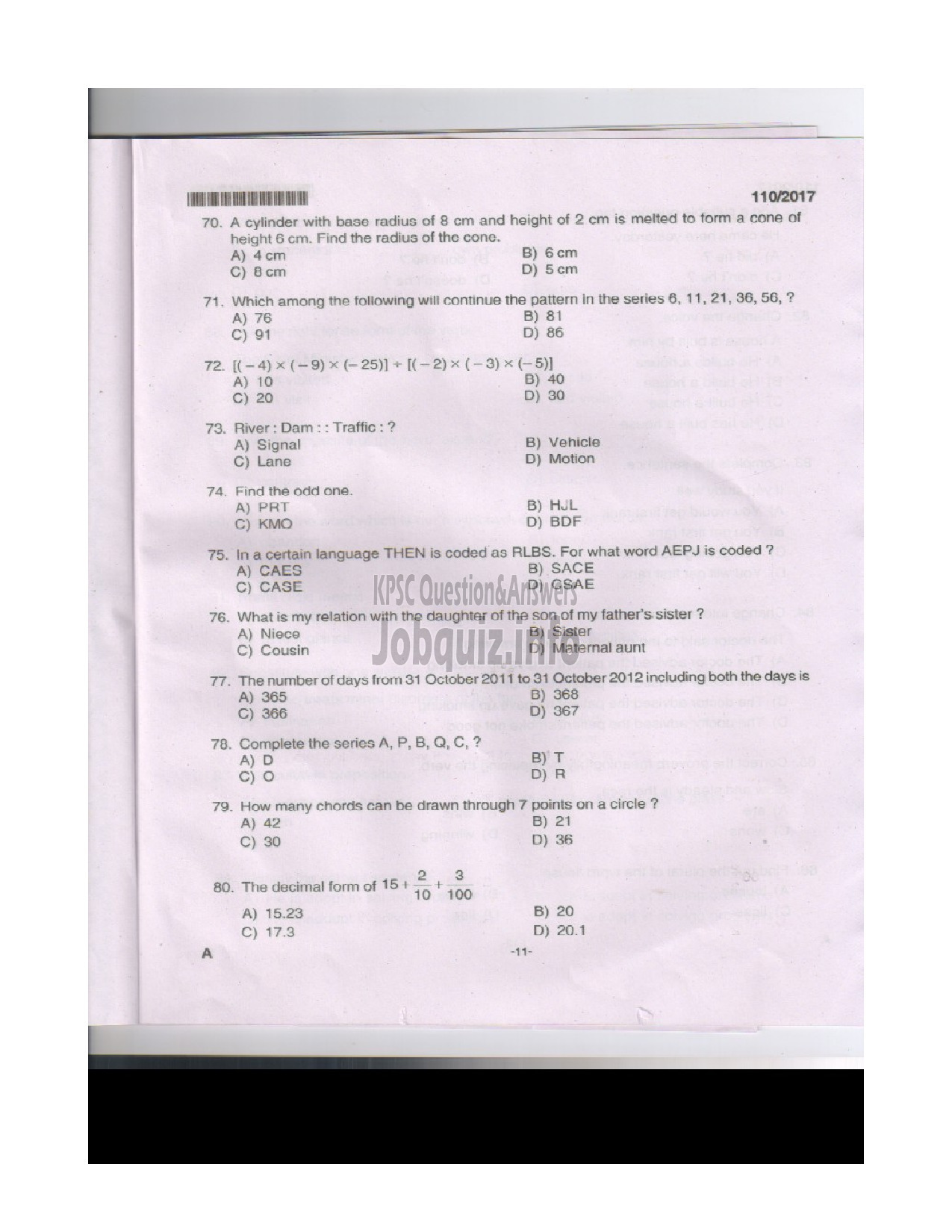 Kerala PSC Question Paper - FIREMAN TRAINEE FIRE AND RESCUE SRVICE-10