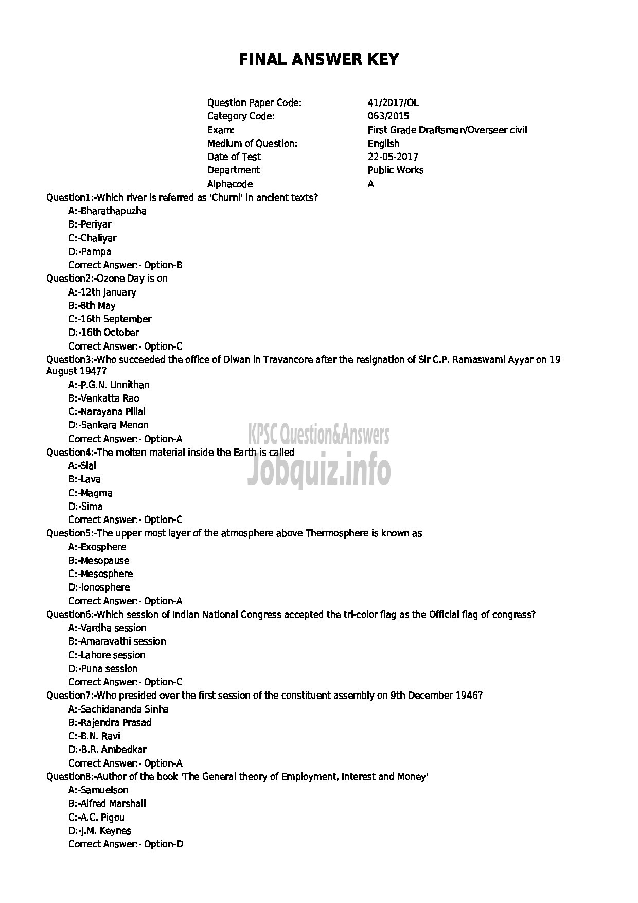 Kerala PSC Question Paper - FIRST GRADE DRAFTSMAN/ OVERSEER CIVIL-1