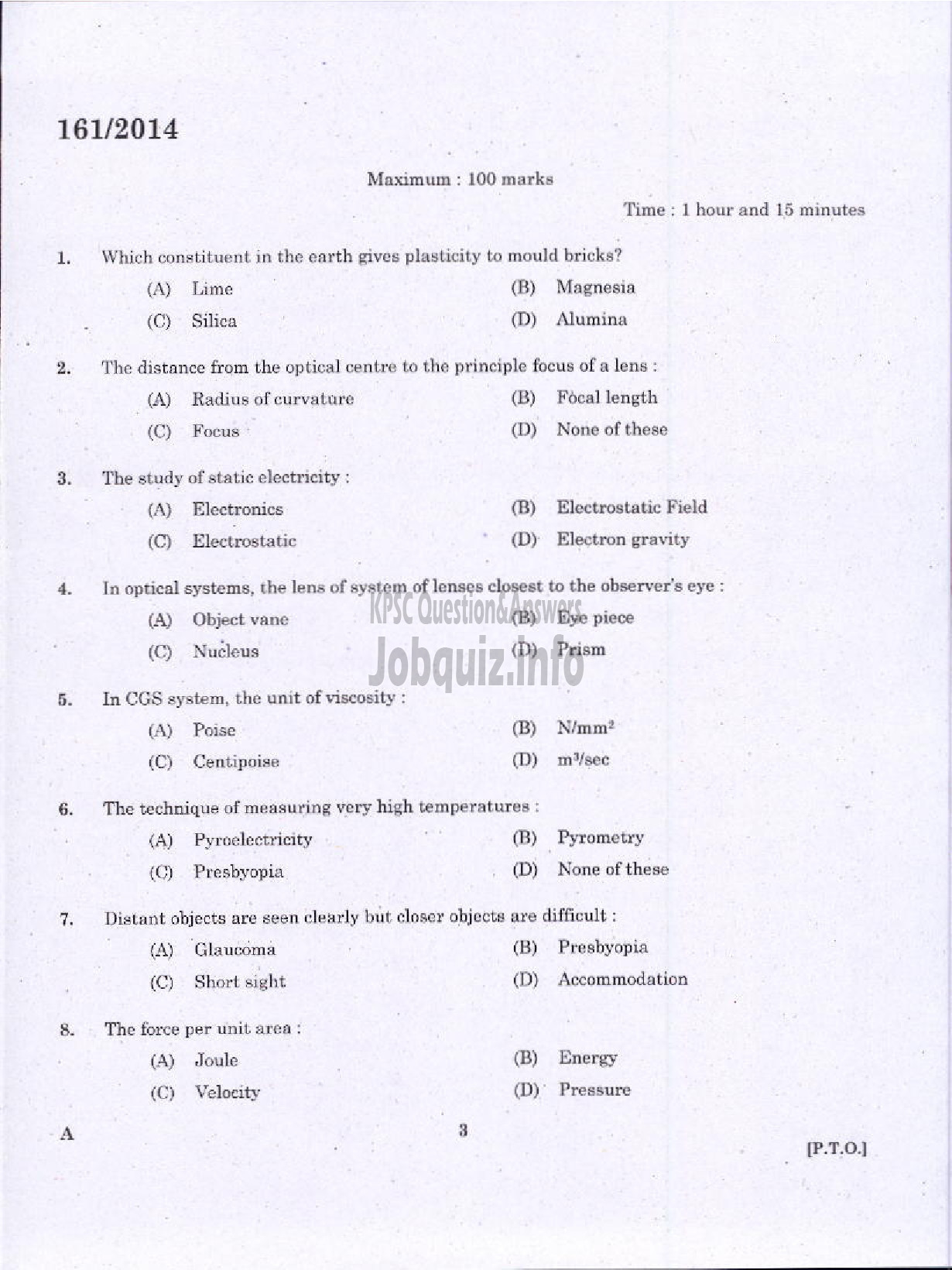Kerala PSC Question Paper - FIRST GRADE OVERSEER / FIRST GRADE DRAFTSMAN LSGD / OVERSEER CIVIL GRADE II KSIDC-1