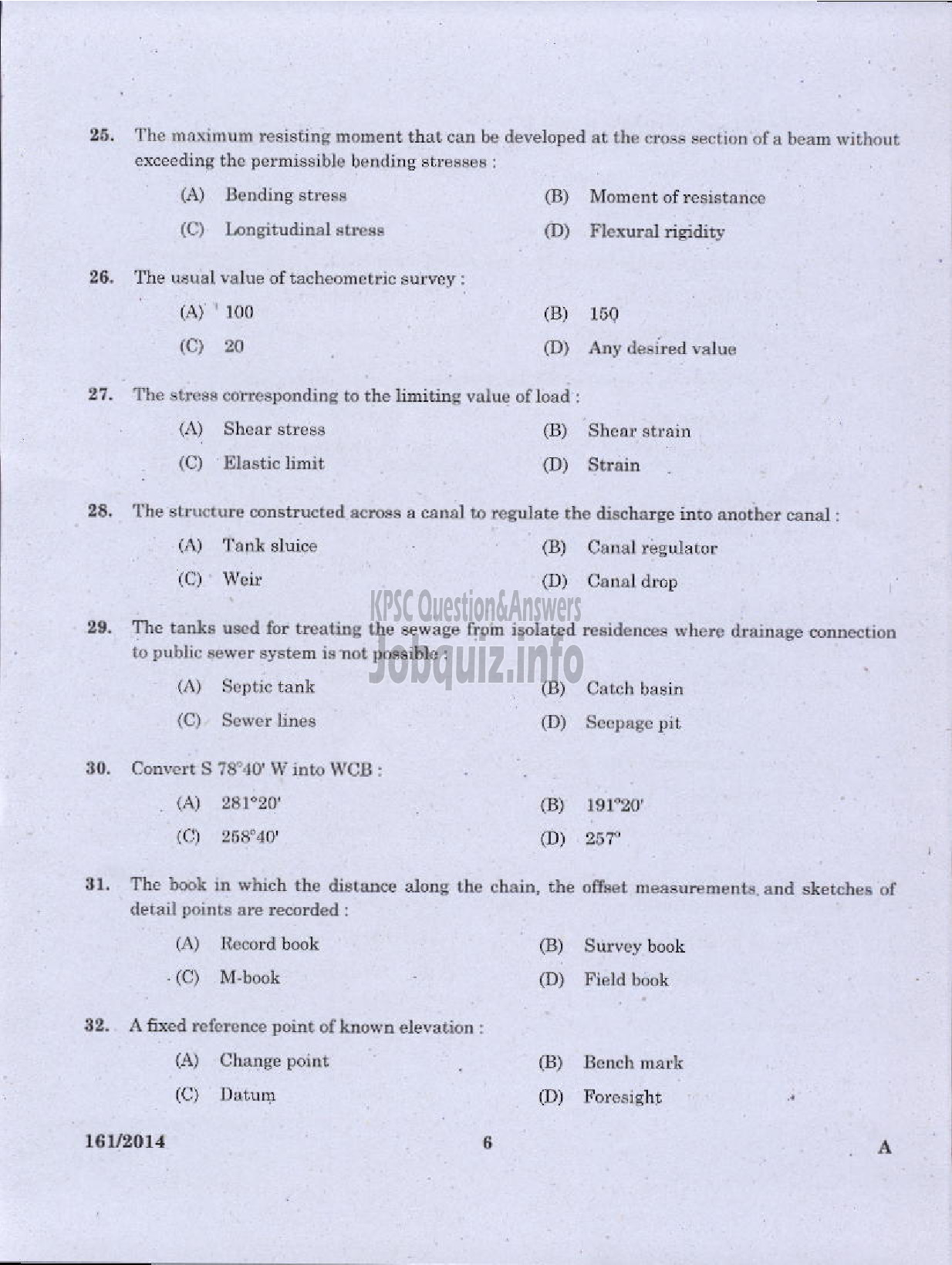 Kerala PSC Question Paper - FIRST GRADE OVERSEER / FIRST GRADE DRAFTSMAN LSGD / OVERSEER CIVIL GRADE II KSIDC-4