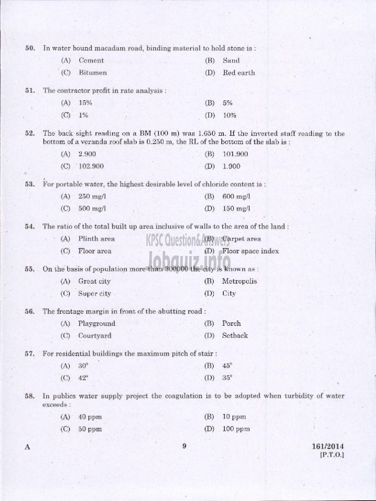 Kerala PSC Question Paper - FIRST GRADE OVERSEER / FIRST GRADE DRAFTSMAN LSGD / OVERSEER CIVIL GRADE II KSIDC-7