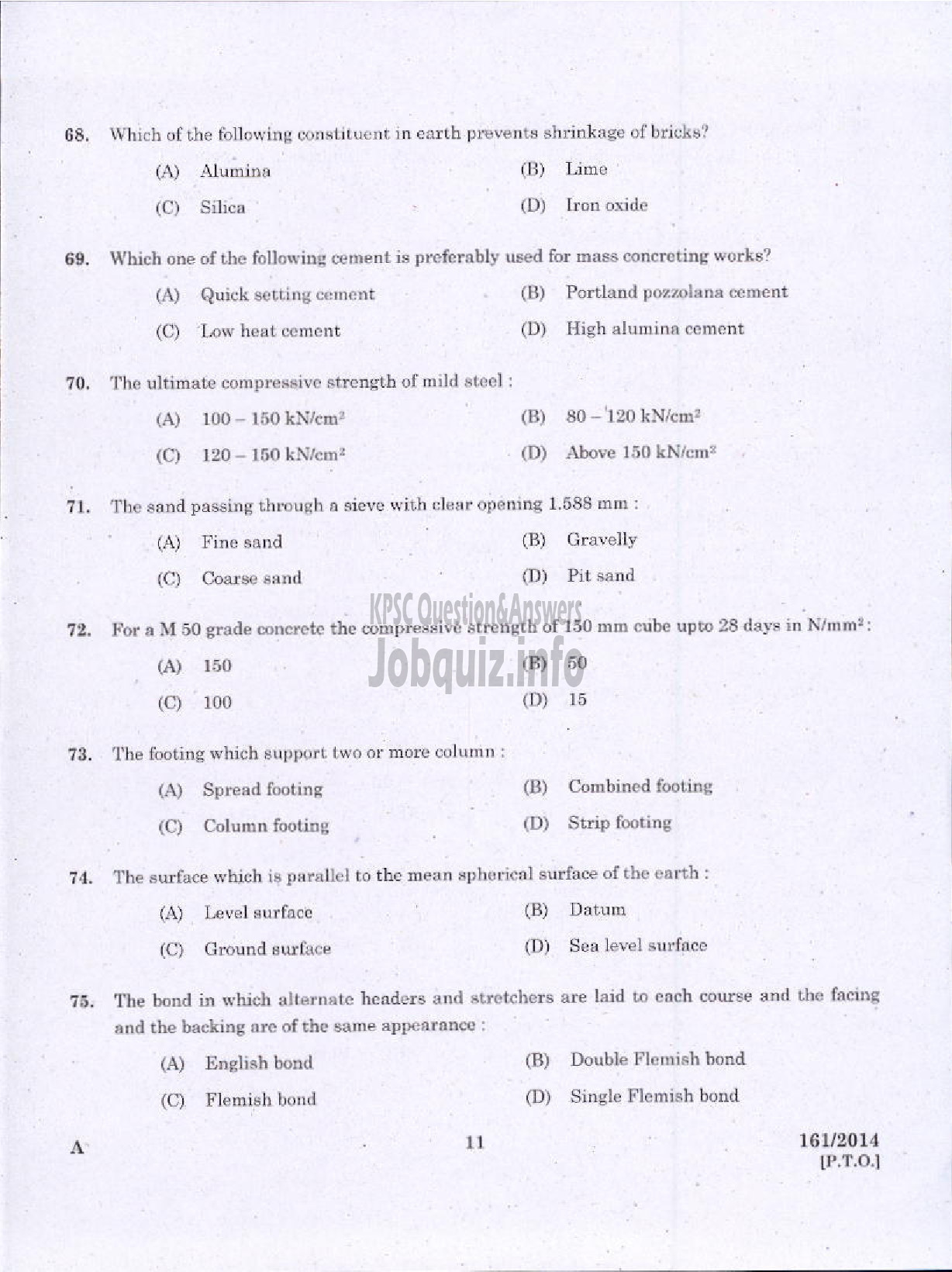 Kerala PSC Question Paper - FIRST GRADE OVERSEER / FIRST GRADE DRAFTSMAN LSGD / OVERSEER CIVIL GRADE II KSIDC-9