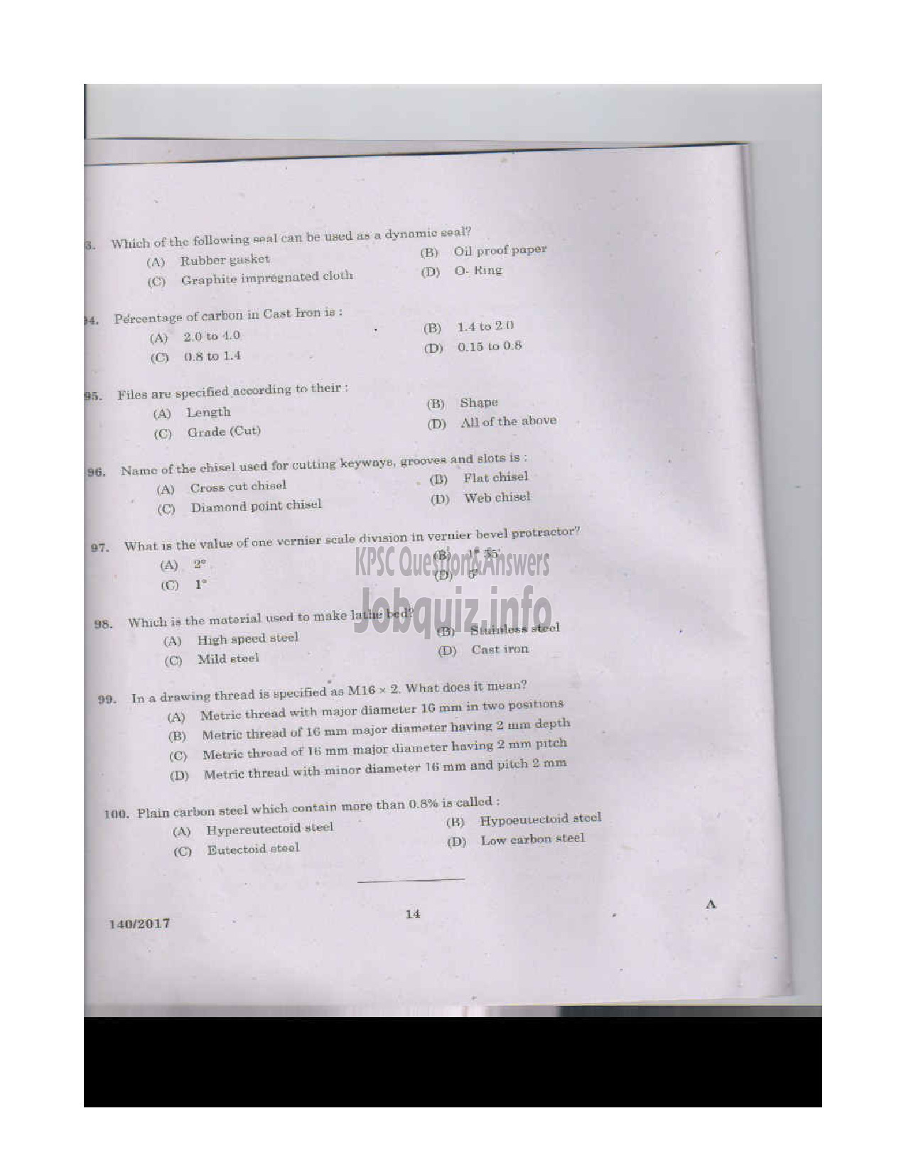 Kerala PSC Question Paper - FITTER KERALA WATER AUTHORITY-13