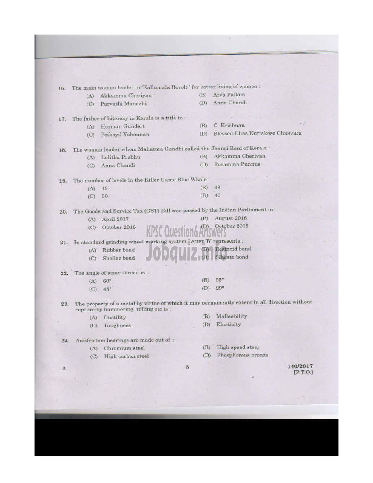 Kerala PSC Question Paper - FITTER KERALA WATER AUTHORITY-4