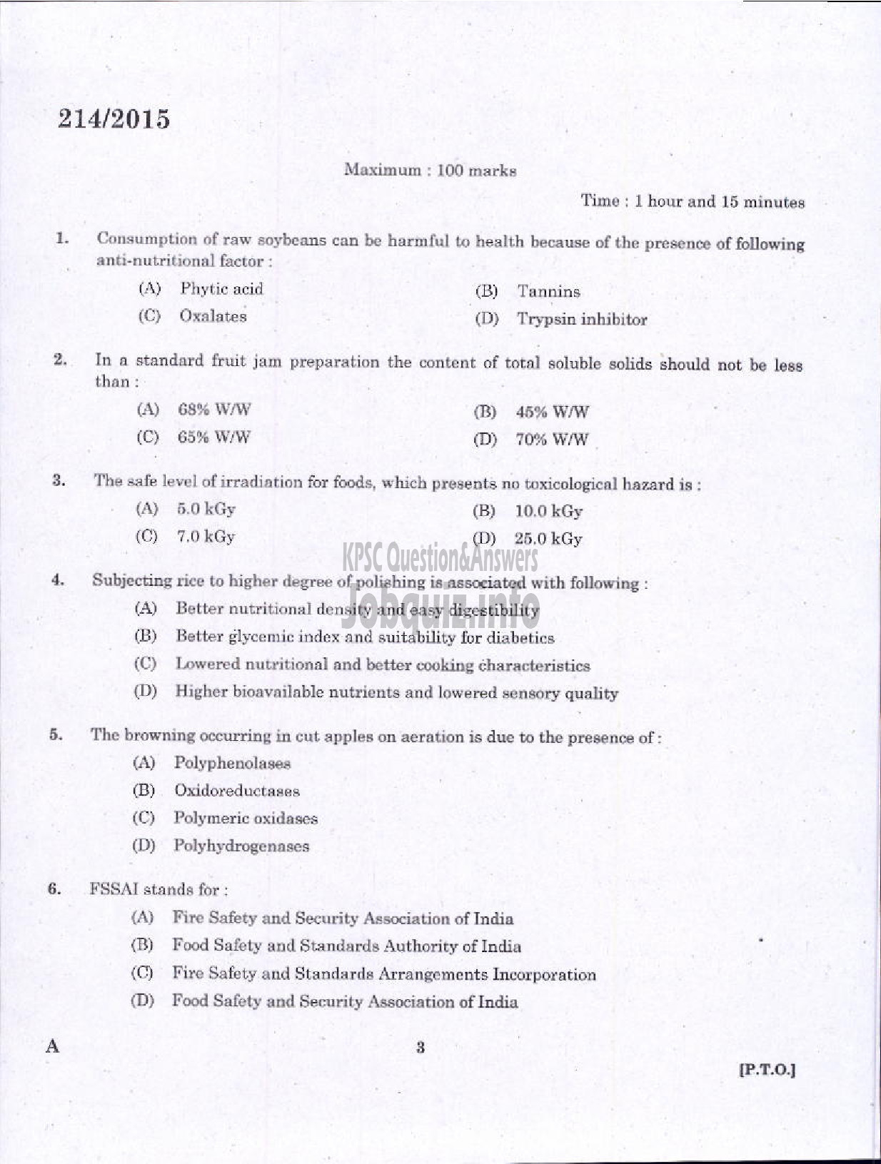 Kerala PSC Question Paper - FOOD SAFETY OFFICER FOOD SAFETY-1