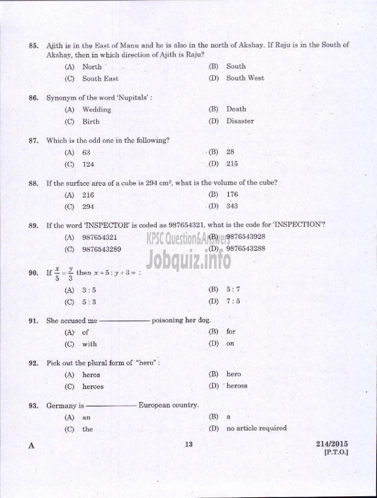 Kerala PSC Question Paper - FOOD SAFETY OFFICER FOOD SAFETY-11