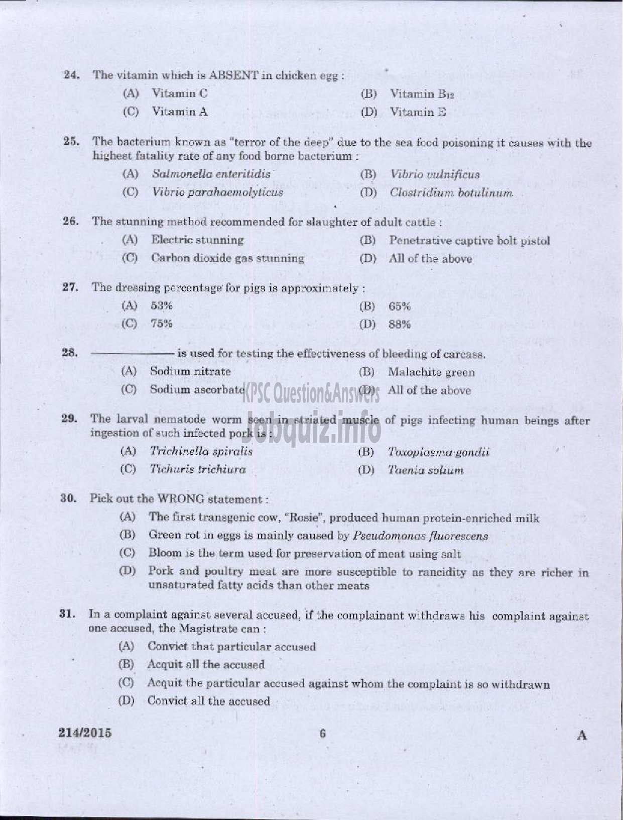 Kerala PSC Question Paper - FOOD SAFETY OFFICER FOOD SAFETY-4