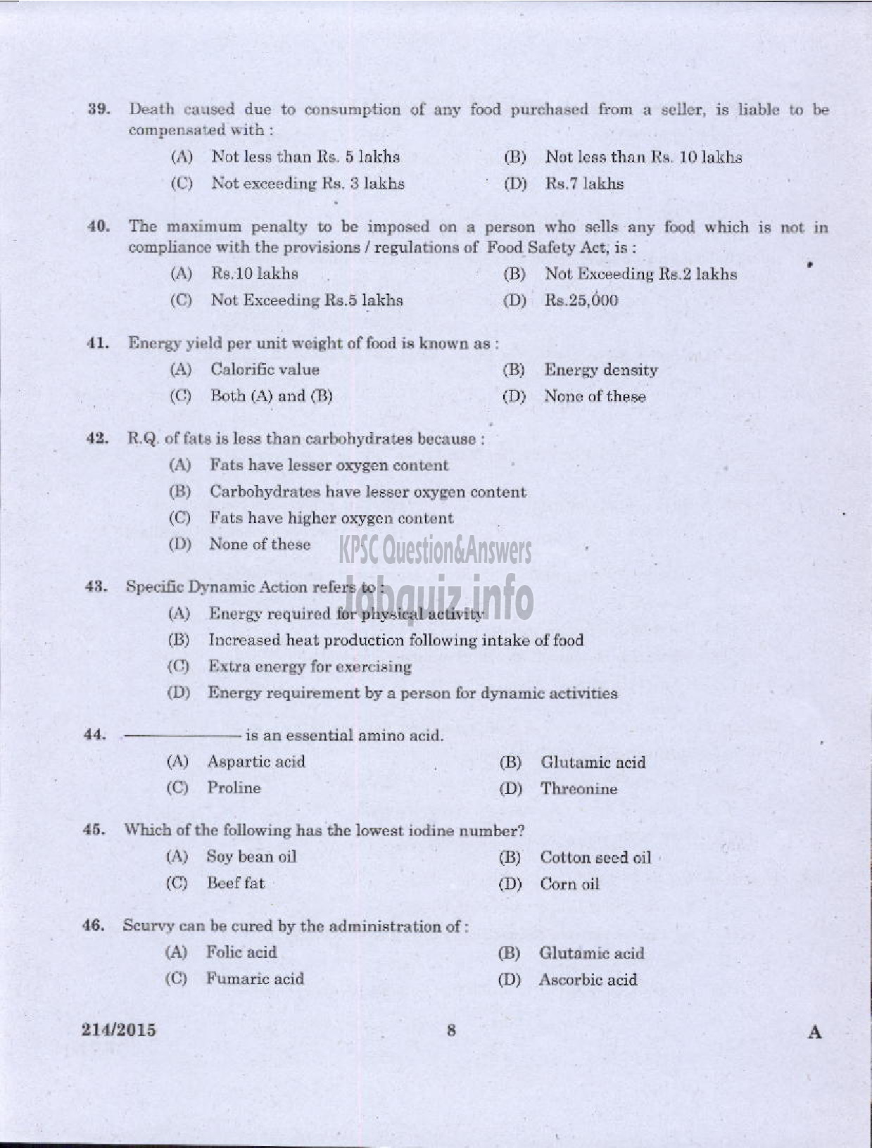 Kerala PSC Question Paper - FOOD SAFETY OFFICER FOOD SAFETY-6