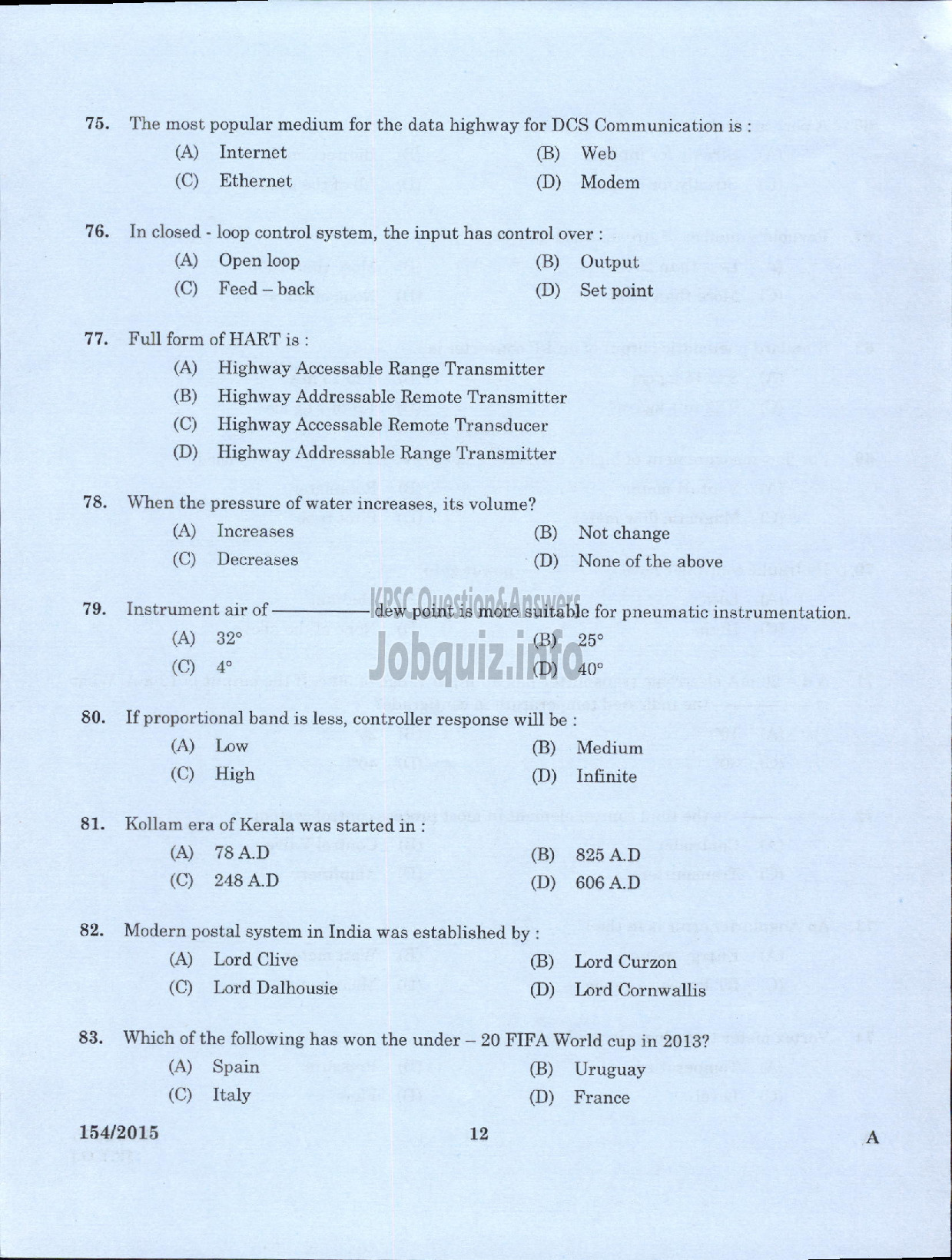Kerala PSC Question Paper - FOREMAN GOVT INSTRUMENT WORKSHOP KERALA SMALL INDUSTRIES DEVELOPMENT CORPORATION LTD SIDCO-10