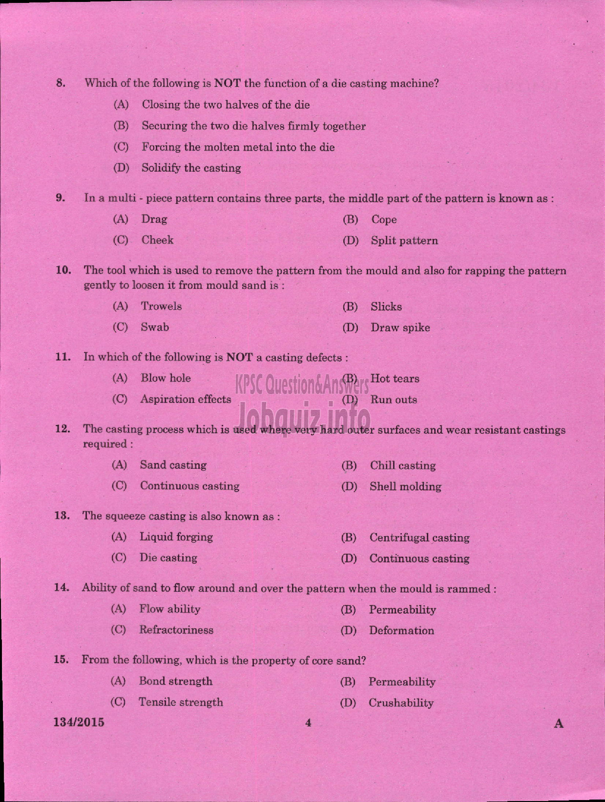 Kerala PSC Question Paper - FOREMAN PRESSURE DIE CASTING UNIT KSIDC LTD SIDCO-2