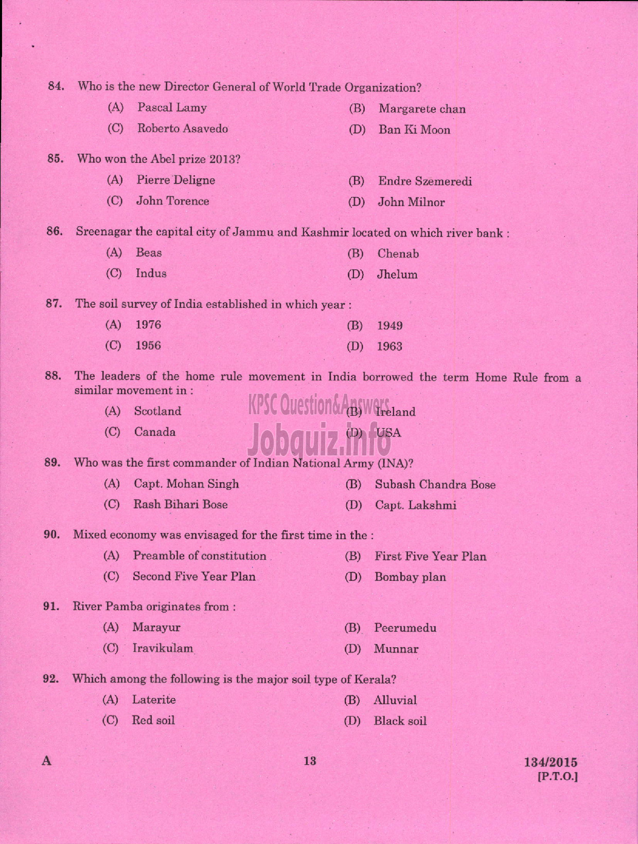 Kerala PSC Question Paper - FOREMAN PRESSURE DIE CASTING UNIT KSIDC LTD SIDCO-11