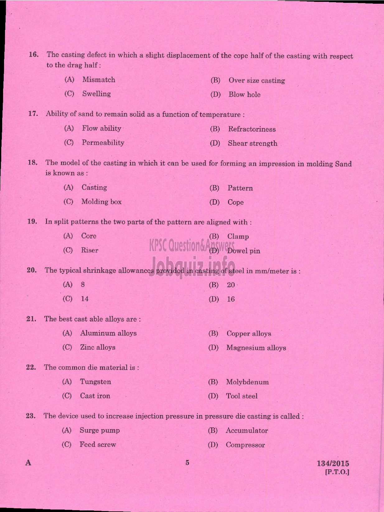 Kerala PSC Question Paper - FOREMAN PRESSURE DIE CASTING UNIT KSIDC LTD SIDCO-3