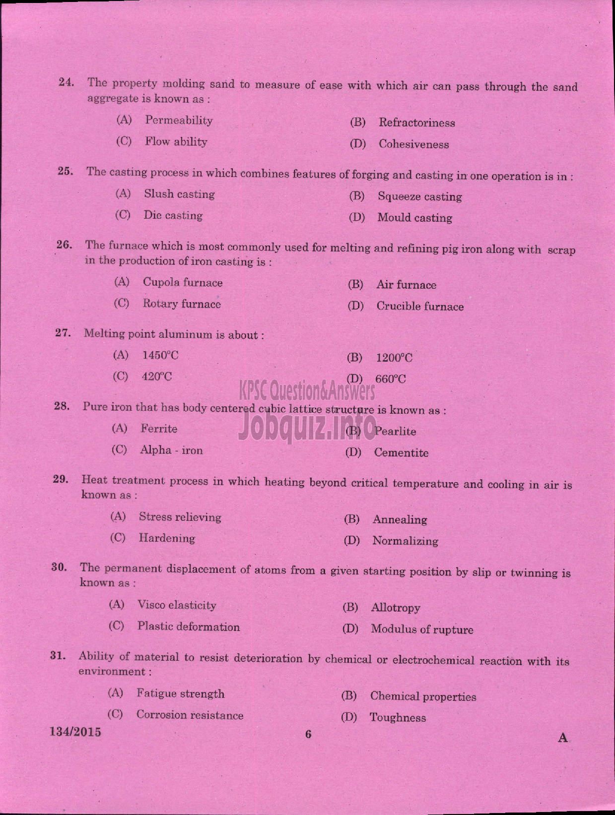 Kerala PSC Question Paper - FOREMAN PRESSURE DIE CASTING UNIT KSIDC LTD SIDCO-4