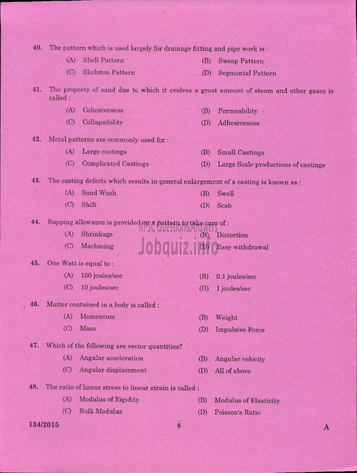 Kerala PSC Question Paper - FOREMAN PRESSURE DIE CASTING UNIT KSIDC LTD SIDCO-6