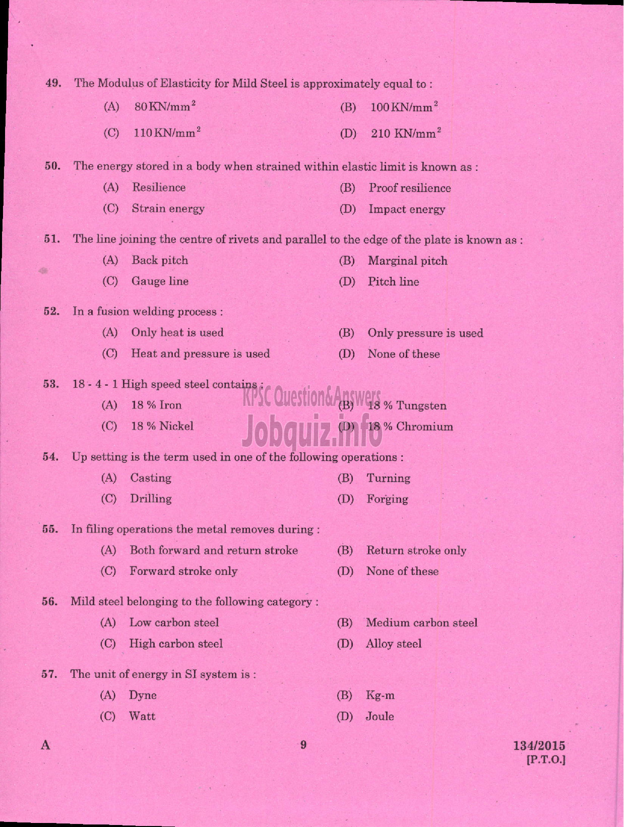 Kerala PSC Question Paper - FOREMAN PRESSURE DIE CASTING UNIT KSIDC LTD SIDCO-7