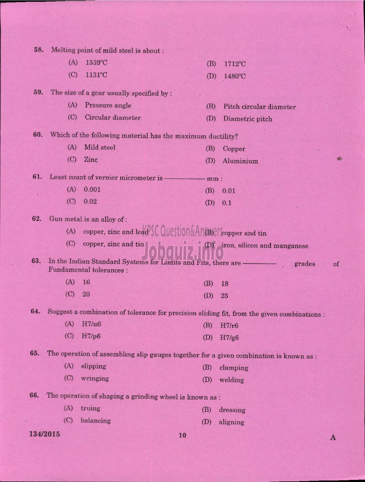 Kerala PSC Question Paper - FOREMAN PRESSURE DIE CASTING UNIT KSIDC LTD SIDCO-8