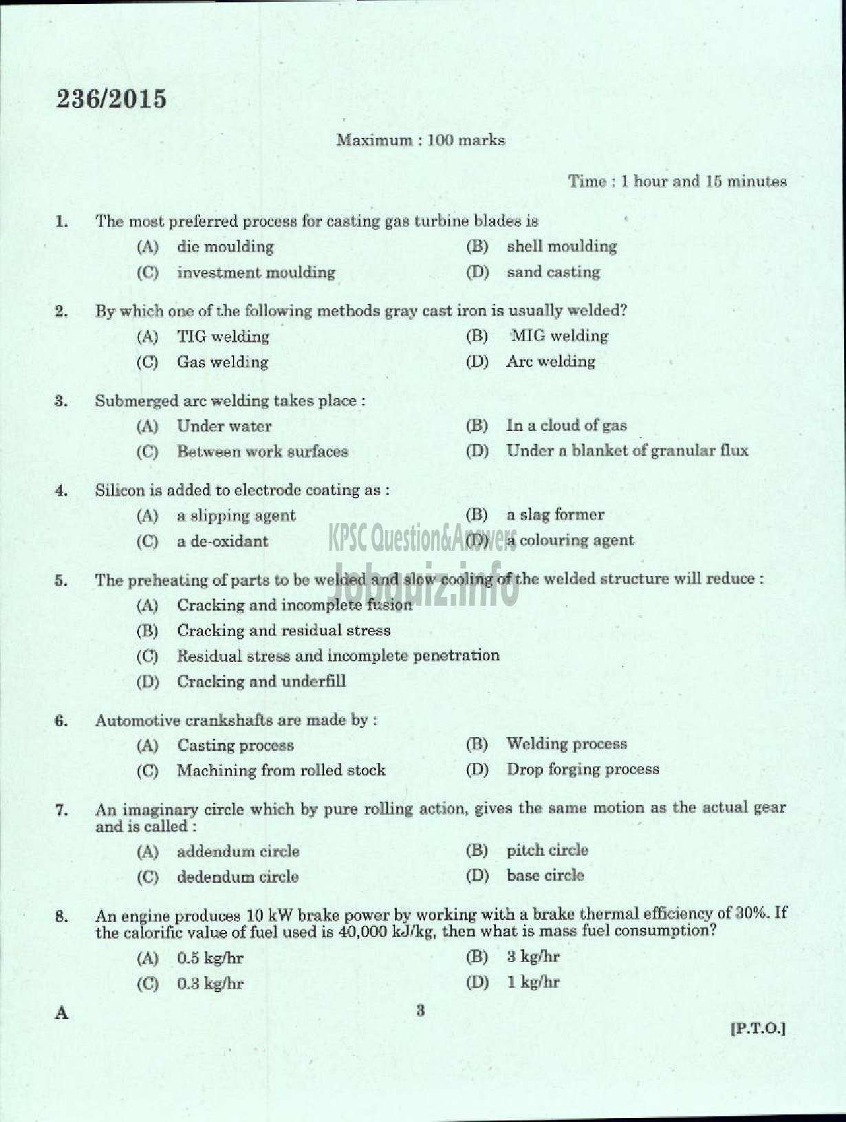 Kerala PSC Question Paper - FOREMAN SERVICE WORKSHOP KERALA SMALL INDUSTRIES DEVELOPMENT CORPORATION LTD SIDCO-1