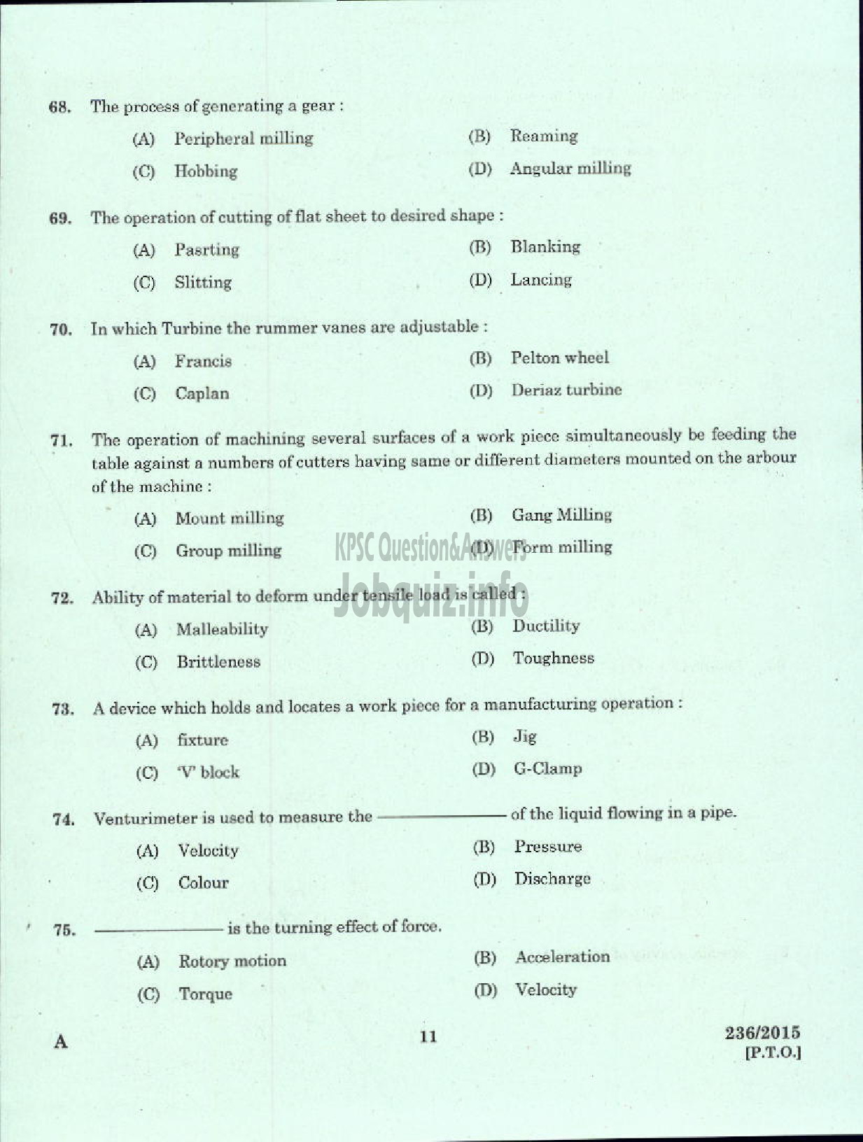 Kerala PSC Question Paper - FOREMAN SERVICE WORKSHOP KERALA SMALL INDUSTRIES DEVELOPMENT CORPORATION LTD SIDCO-9