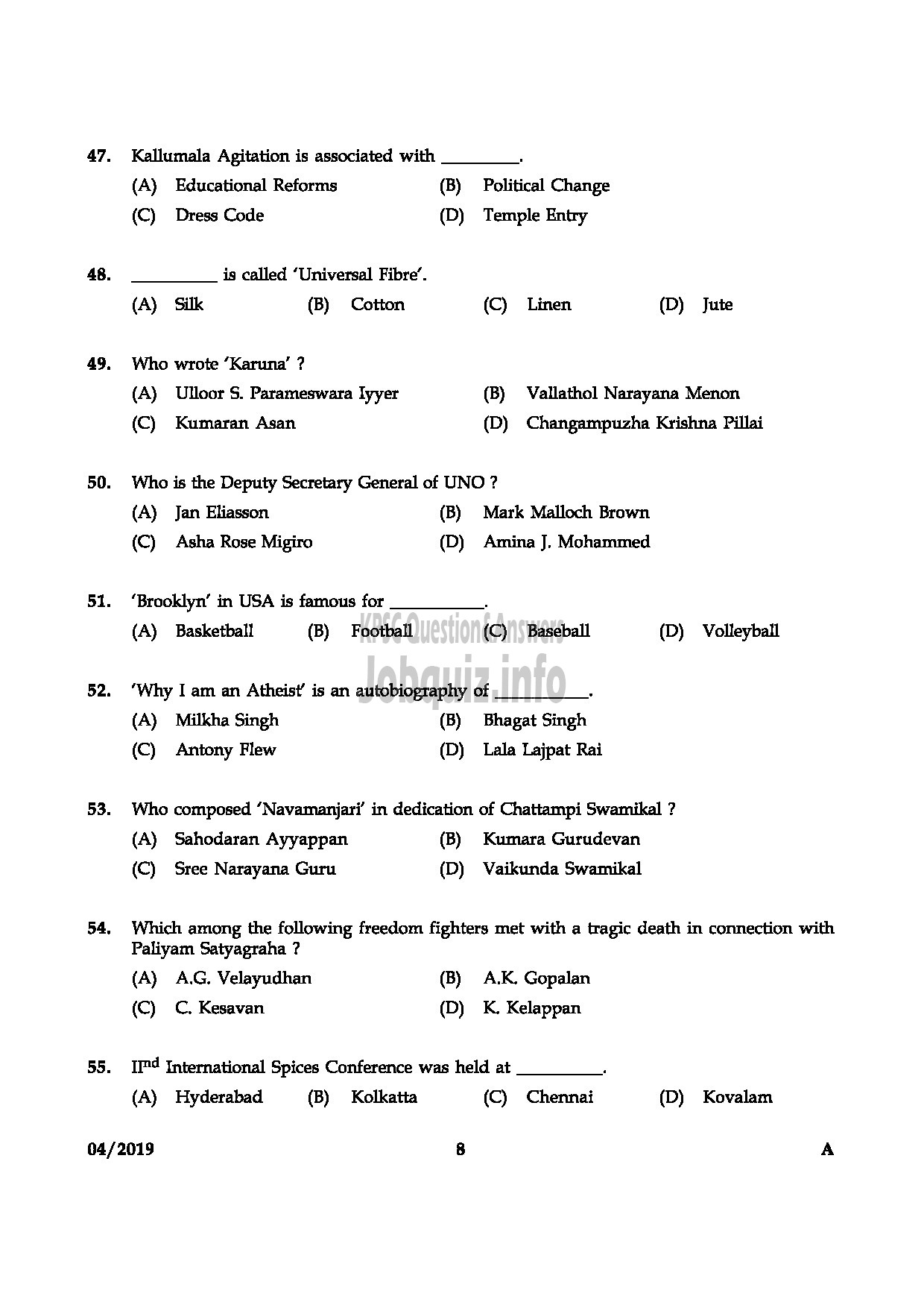 Kerala PSC Question Paper - FORESTER SECTION FOREST OFFICER FOREST CIVIL EXCISE OFFICER-8