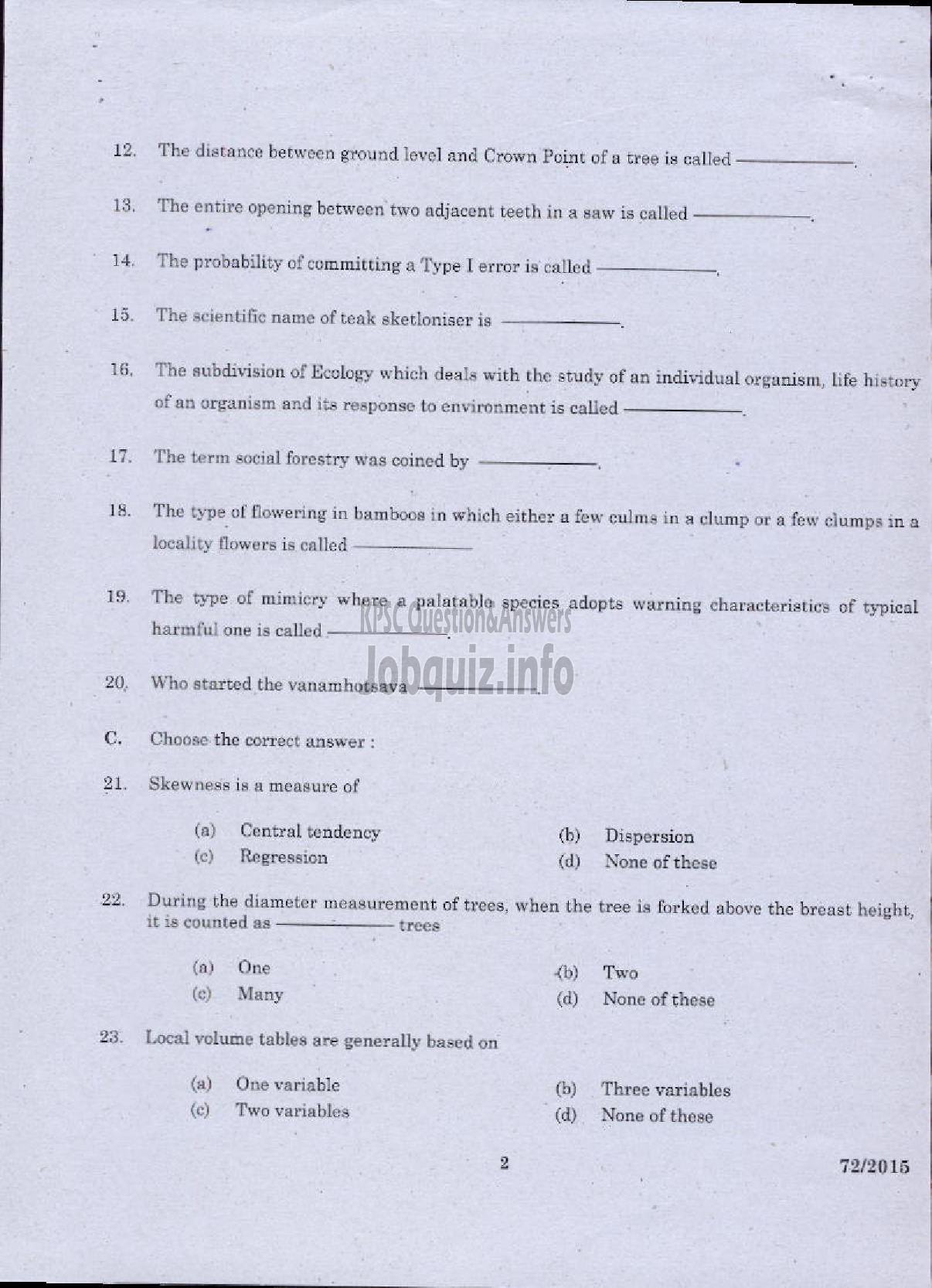 Kerala PSC Question Paper - FORESTRY-2
