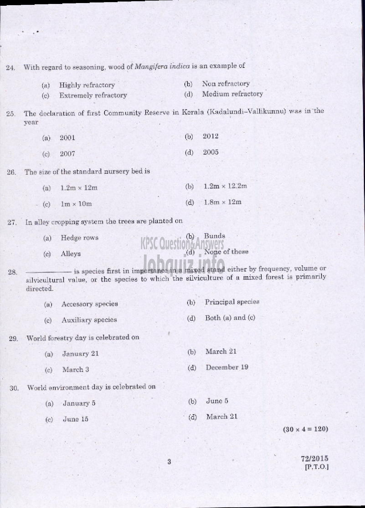 Kerala PSC Question Paper - FORESTRY-3