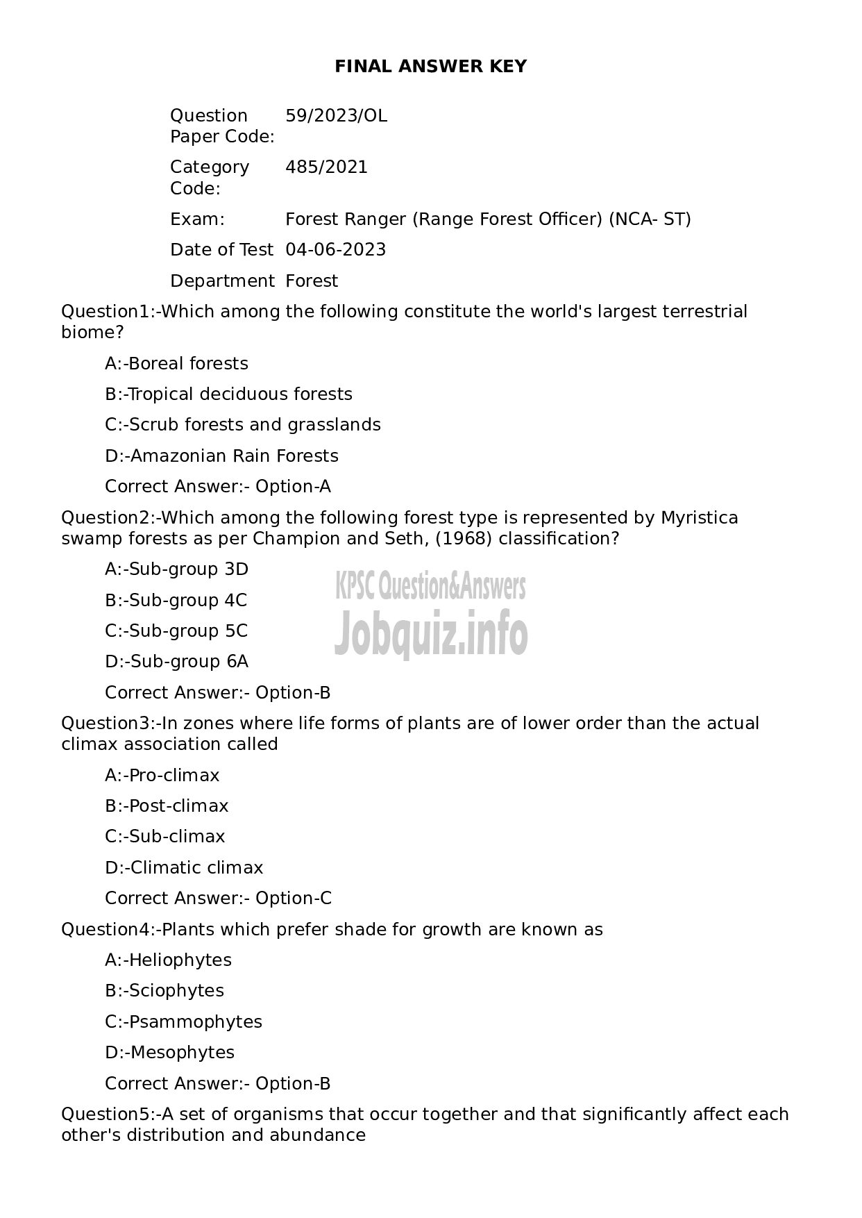 Kerala PSC Question Paper - Forest Ranger (Range Forest Officer) (NCA- ST)-1