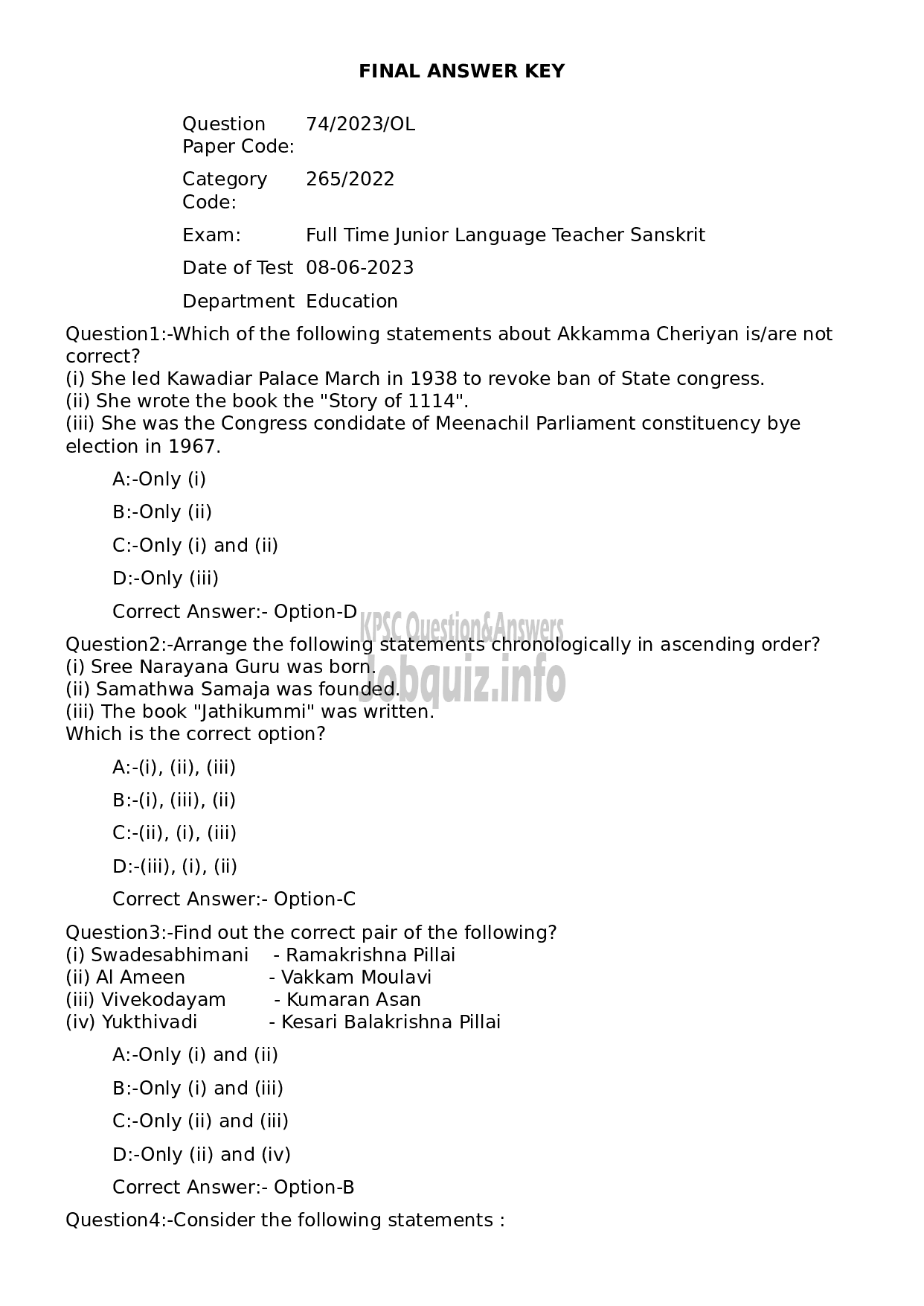 Kerala PSC Question Paper - Full Time Junior Language Teacher Sanskrit-1