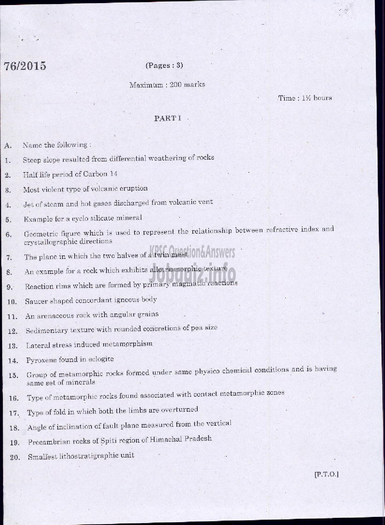 Kerala PSC Question Paper - GEOLOGY-1