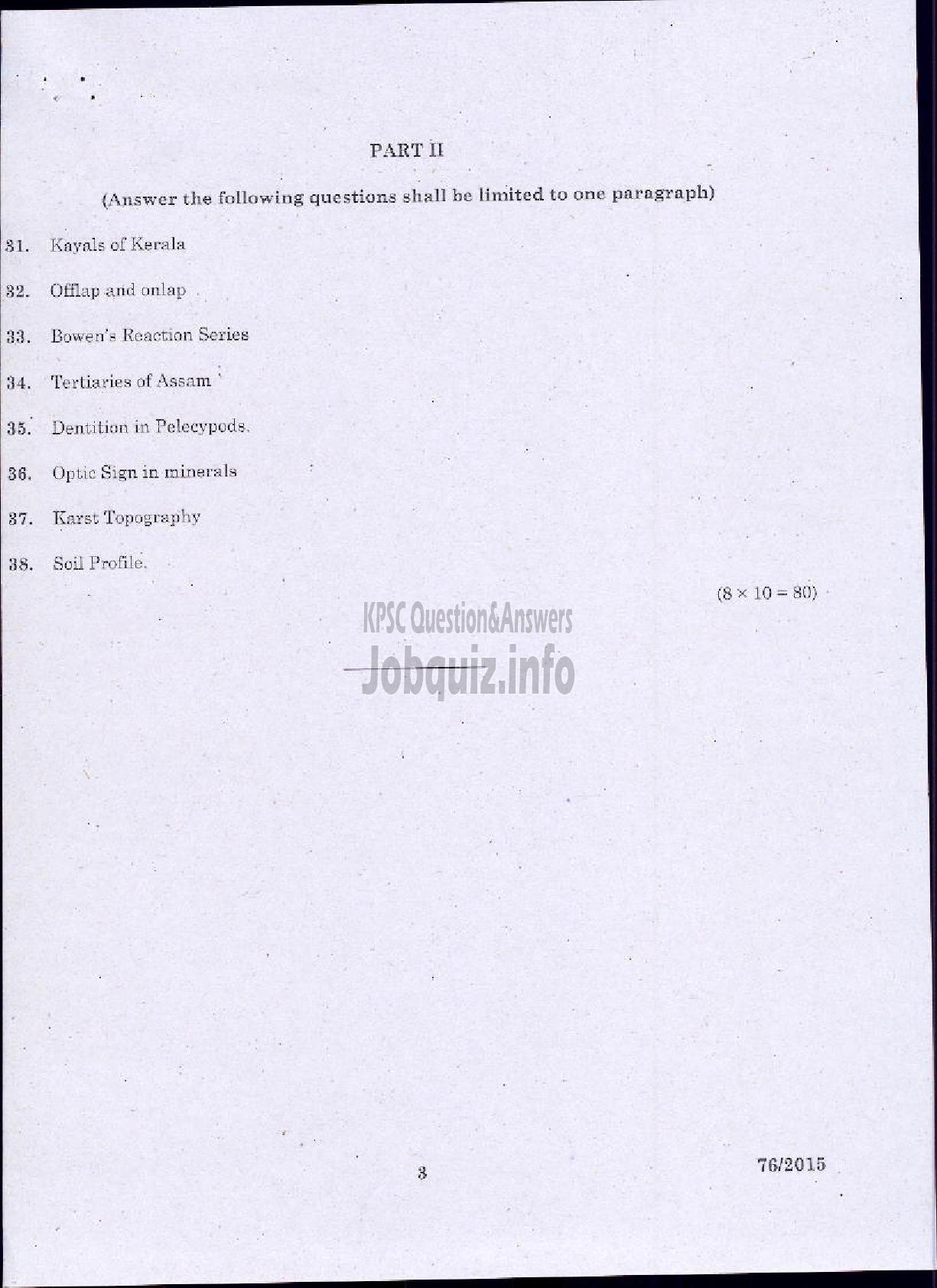 Kerala PSC Question Paper - GEOLOGY-3