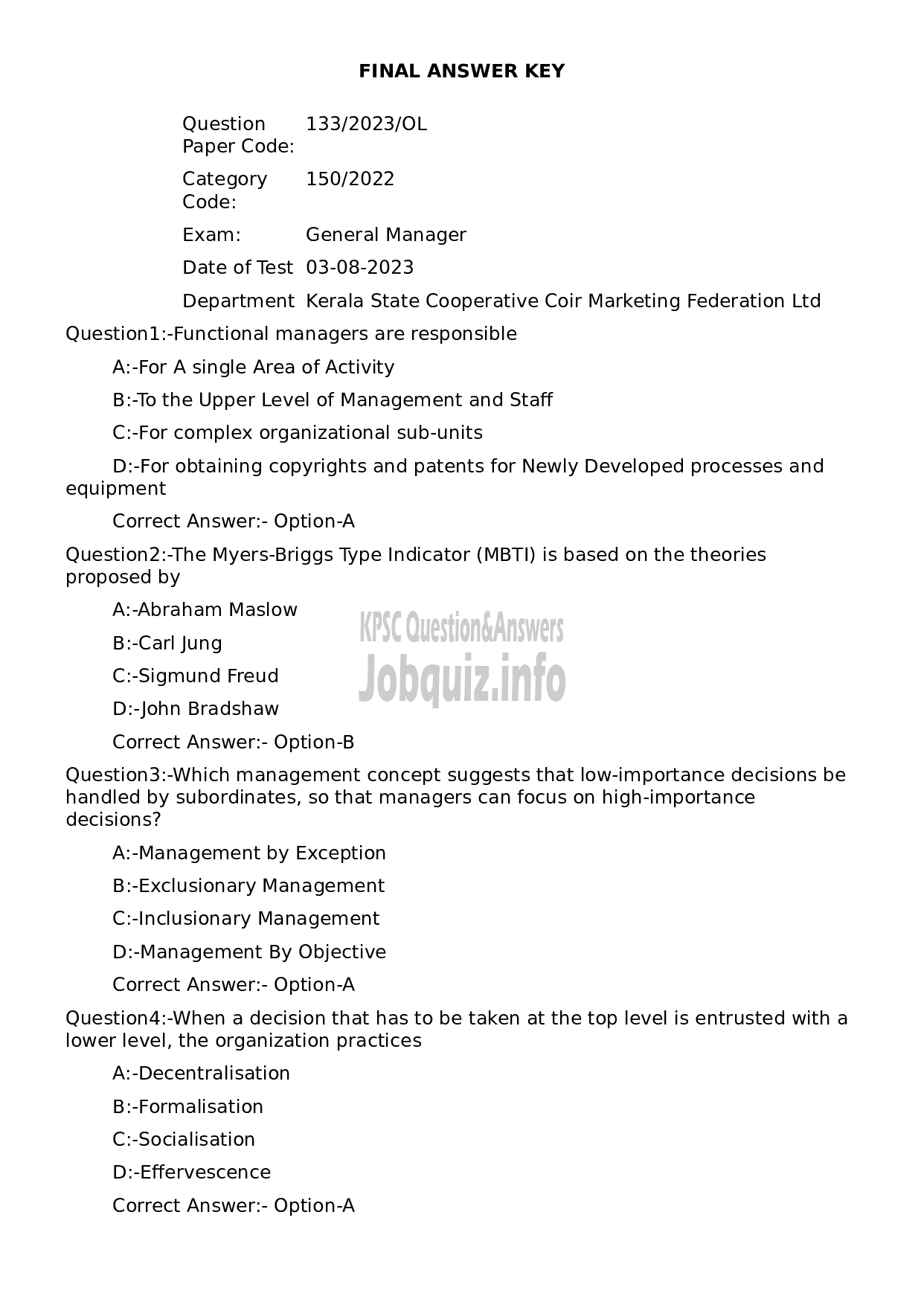 Kerala PSC Question Paper - General Manager-1