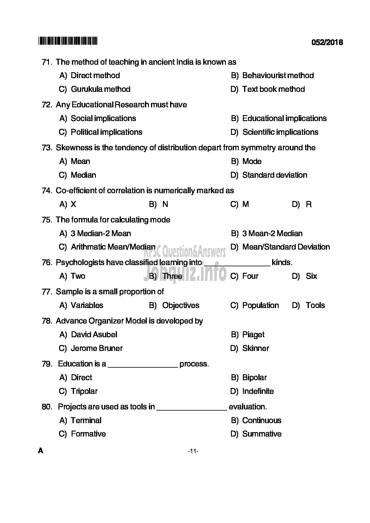 Kerala PSC Question Paper - HIGHER SECONDARY SCHOOL TEACHER ARABIC KHSE-11