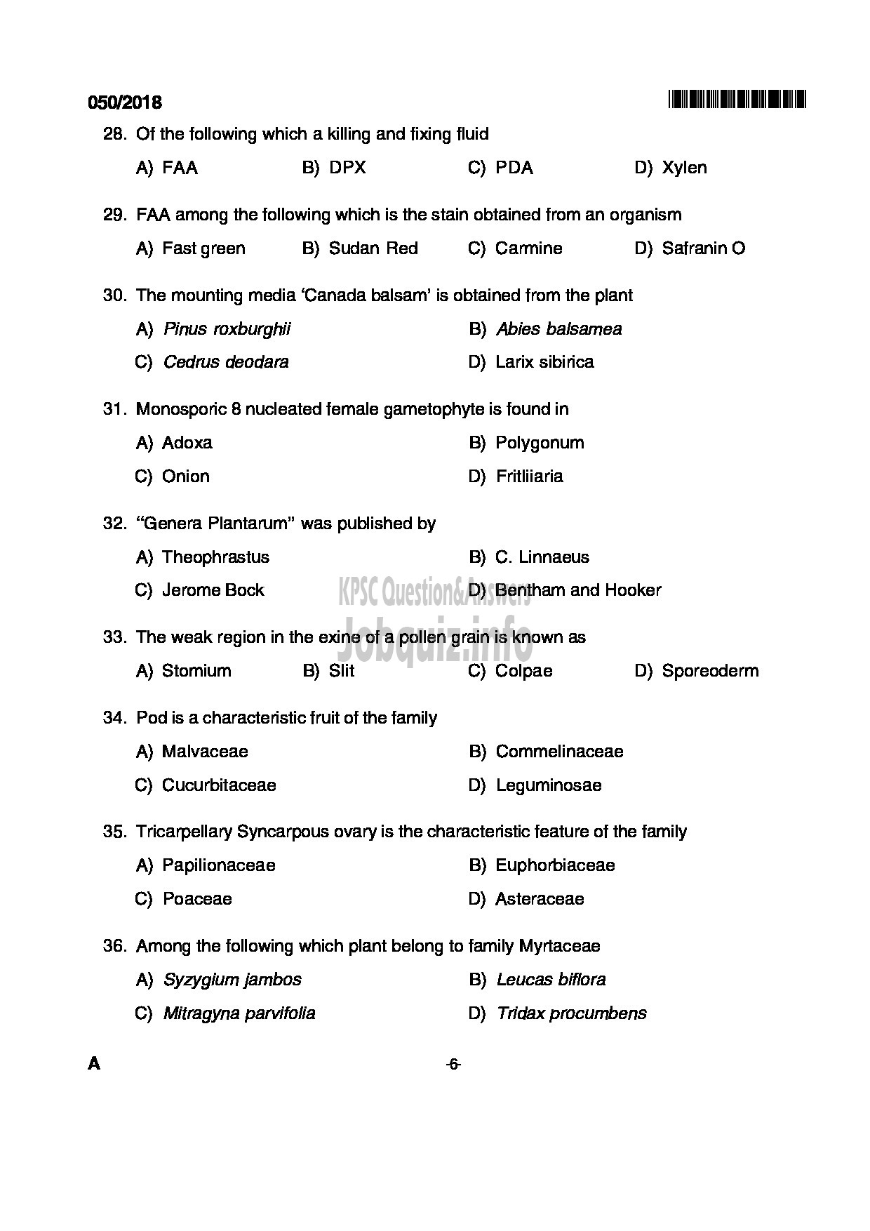 Kerala PSC Question Paper - HIGHER SECONDARY SCHOOL TEACHER JUNIOR BOTANY KERALA HIGHER SECONDARY SCHOOL EDUCATION-6