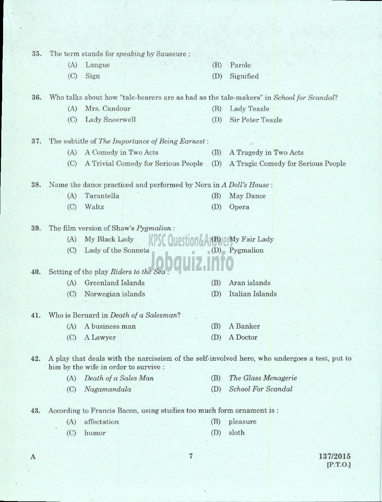 Kerala PSC Question Paper - HIGH SCHOOL ASSISTANT ENGLISH NCA DIRECT EDUCATION-5