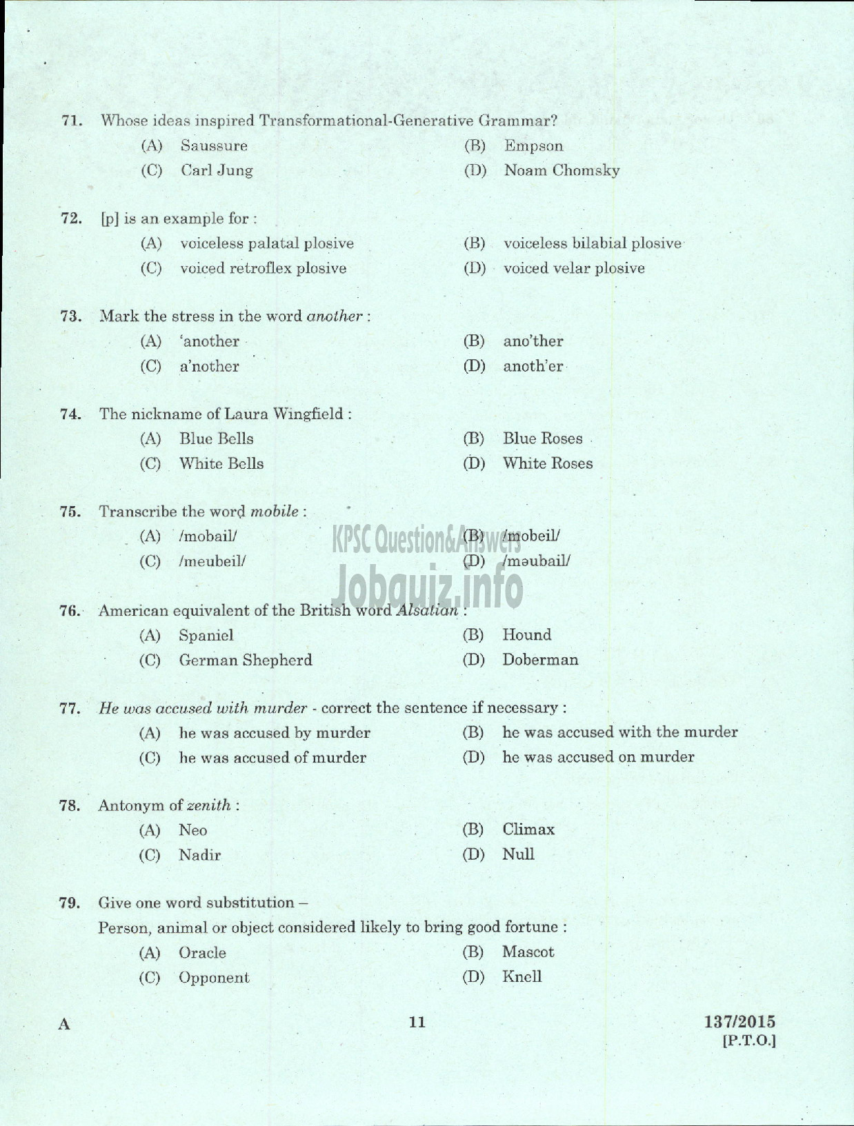 Kerala PSC Question Paper - HIGH SCHOOL ASSISTANT ENGLISH NCA DIRECT EDUCATION-9