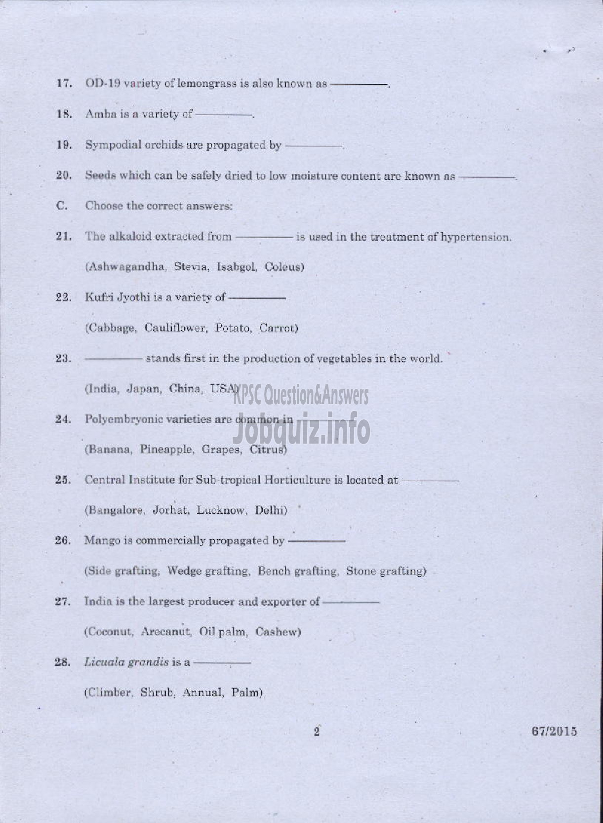 Kerala PSC Question Paper - HORTICULTURE-2